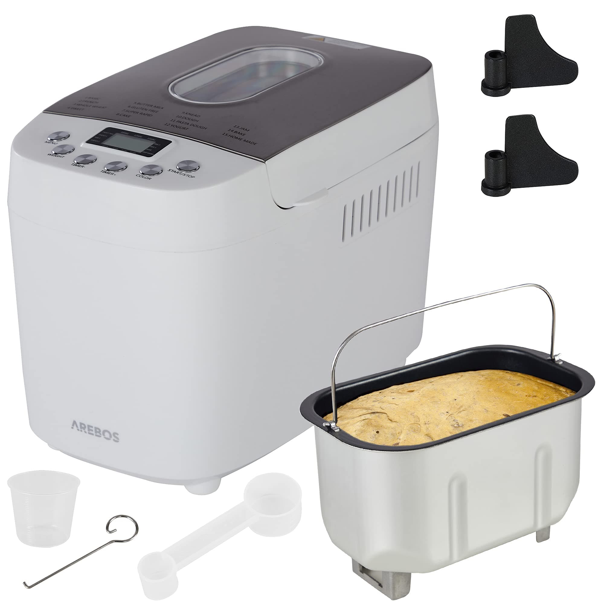 Arebos Bread Maker | 1500 g | with 15 Programmes | 2 Kneading Hooks | Timer | LCD Display | 3 Browning Degrees and Bread Sizes | 850 W