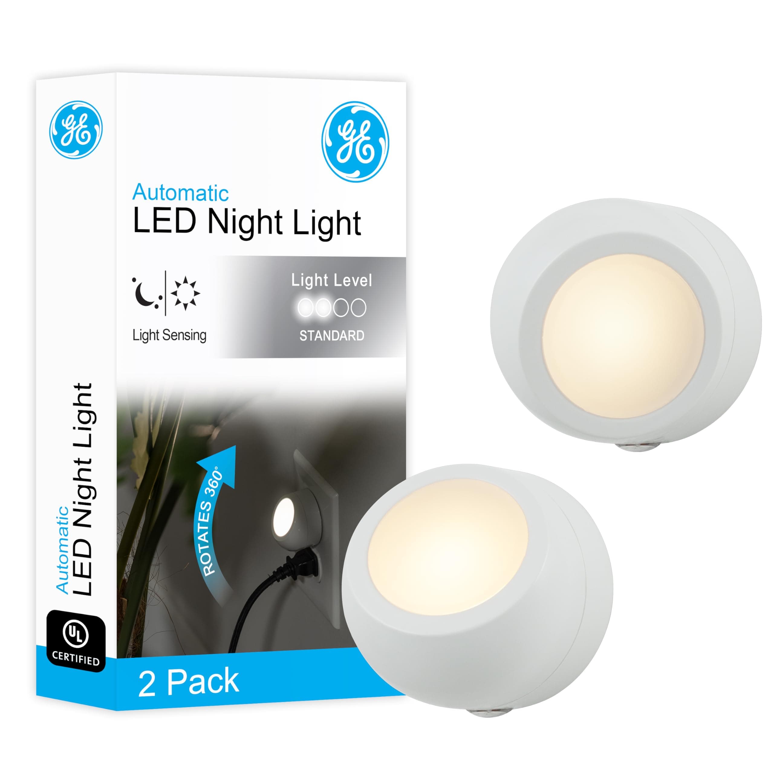 Rotating Plug in Night Light, Home Decor, Apartment Essentials, LED Lights for Bedroom, Ambient Lighting, Dusk to Dawn Sensor, Nightlight, Bathroom, Dorm Room, 2 Pack 31533