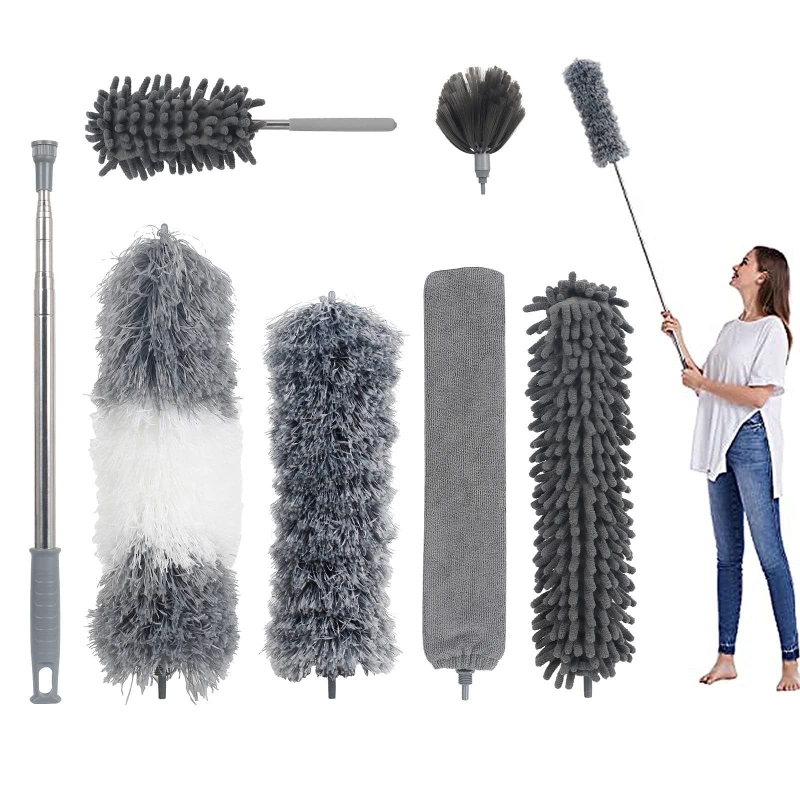 LISSUDA 7Pcs Feather Duster for Cleaning Extendable Dusters with 30-100 inch Telescoping Extension Pole Long Handled Duster Bendable Microfiber Duster for Cleaning Cobwebs High Ceilings Cars Furniture