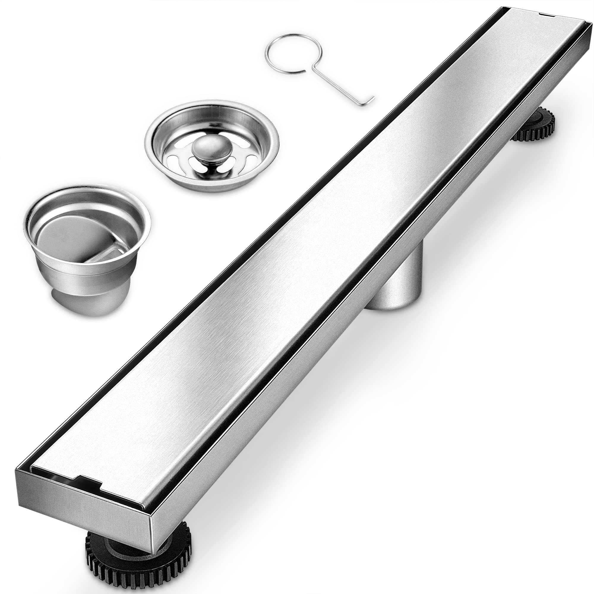 24 Inch Linear Shower Drain with Tile Insert Grate, Brushed 304 Stainless Steel Shower Floor Drain, Rectangle Shower Floor Drain with 2-in-1 Hair Strainer and Leveling feet