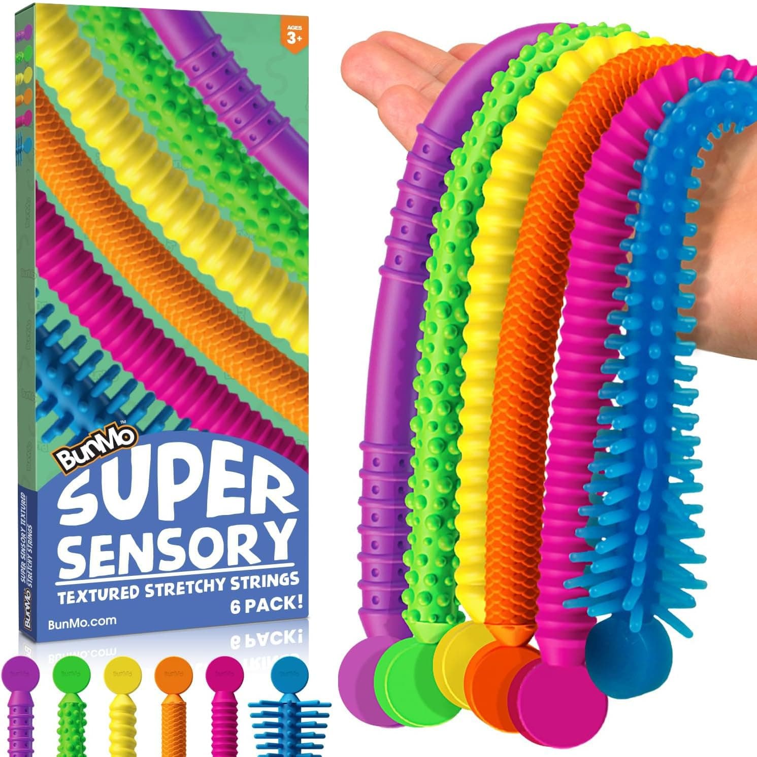 BUNMO Stretchy Strings - Stimulating & Fun Fidget Toys for Kids - Hours of Fun - Non-Mouthable Toy 3+ - Super Sensory 6 Pack