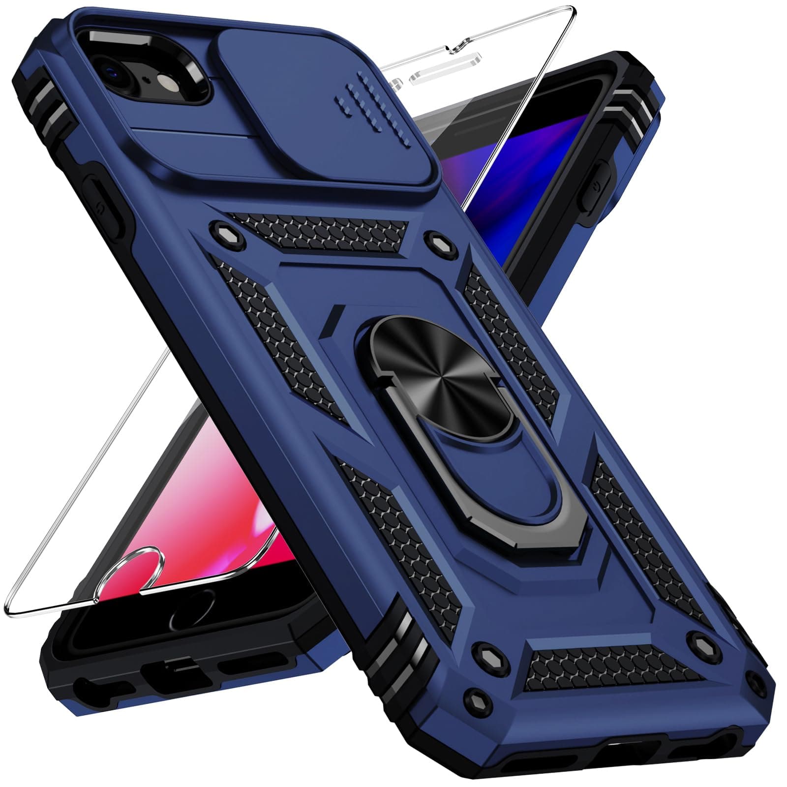 for iPhone SE 3rd Generation / 2nd Generation Case, iPhone SE 2022/2020, iPhone 8/7/6 Case with Slide Camera Cover HD Screen Protector Heavy Duty Kickstand Phone Case,Navy Blue