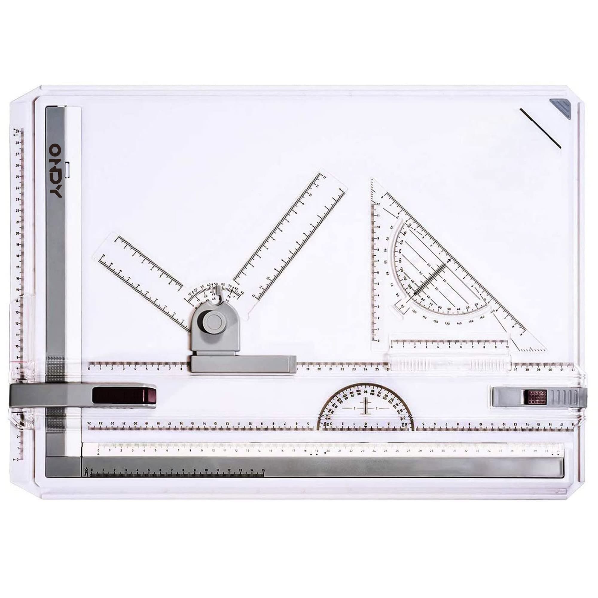 ONDY Metric Drafting Table Portable A3 Drawing Board Drafting Tools Set, Architectural Technical Graphic Sketch Set with Set Square, Clamps, Protractor, Anti Slip Support Legs, Sliding Ruler