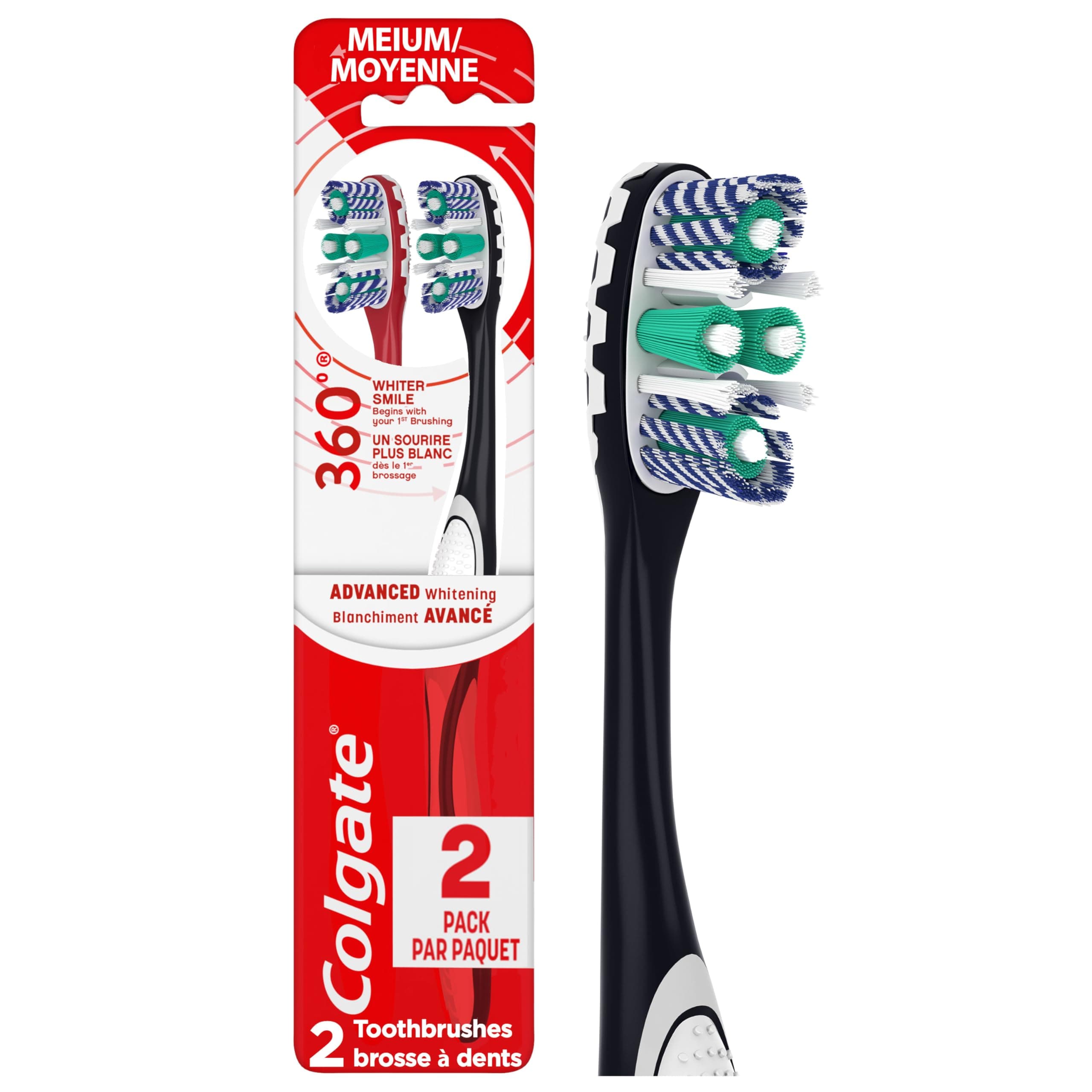 Colgate 360° Advanced Optic White Toothbrush, Medium - 2 Count