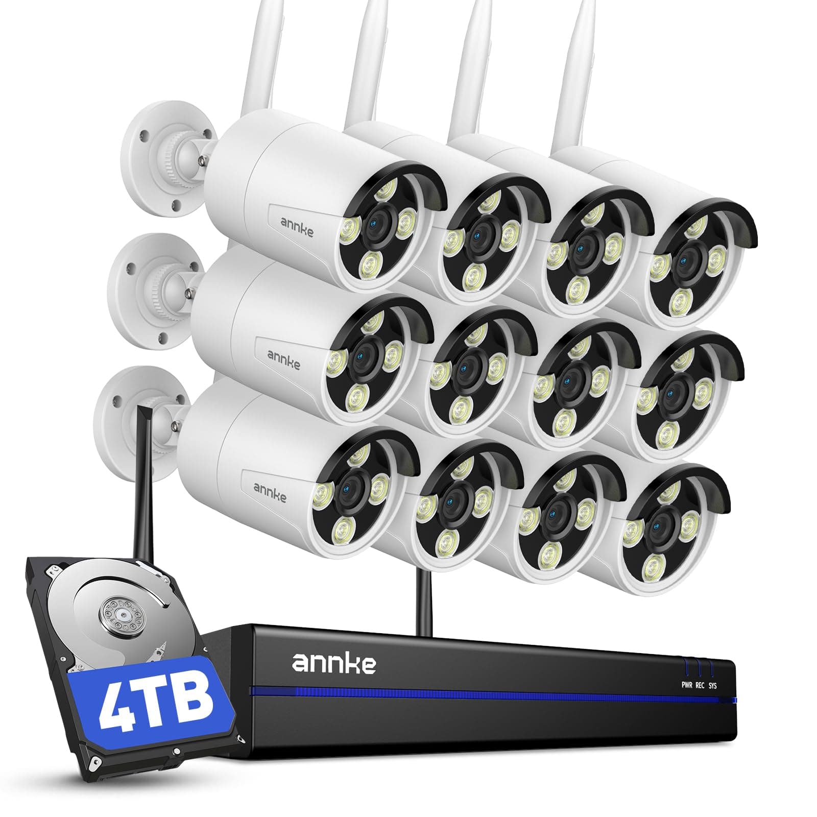 ANNKE Wireless Security Camera System 4TB Hard Drive, 16CH 4K WiFi NVR Kit, 12Pcs 2K Home Surveillance Cams for Indoor/Outdoor, 2-Way Audio, Night Vision, Weatherproof, Motion Detection, Metal Housing