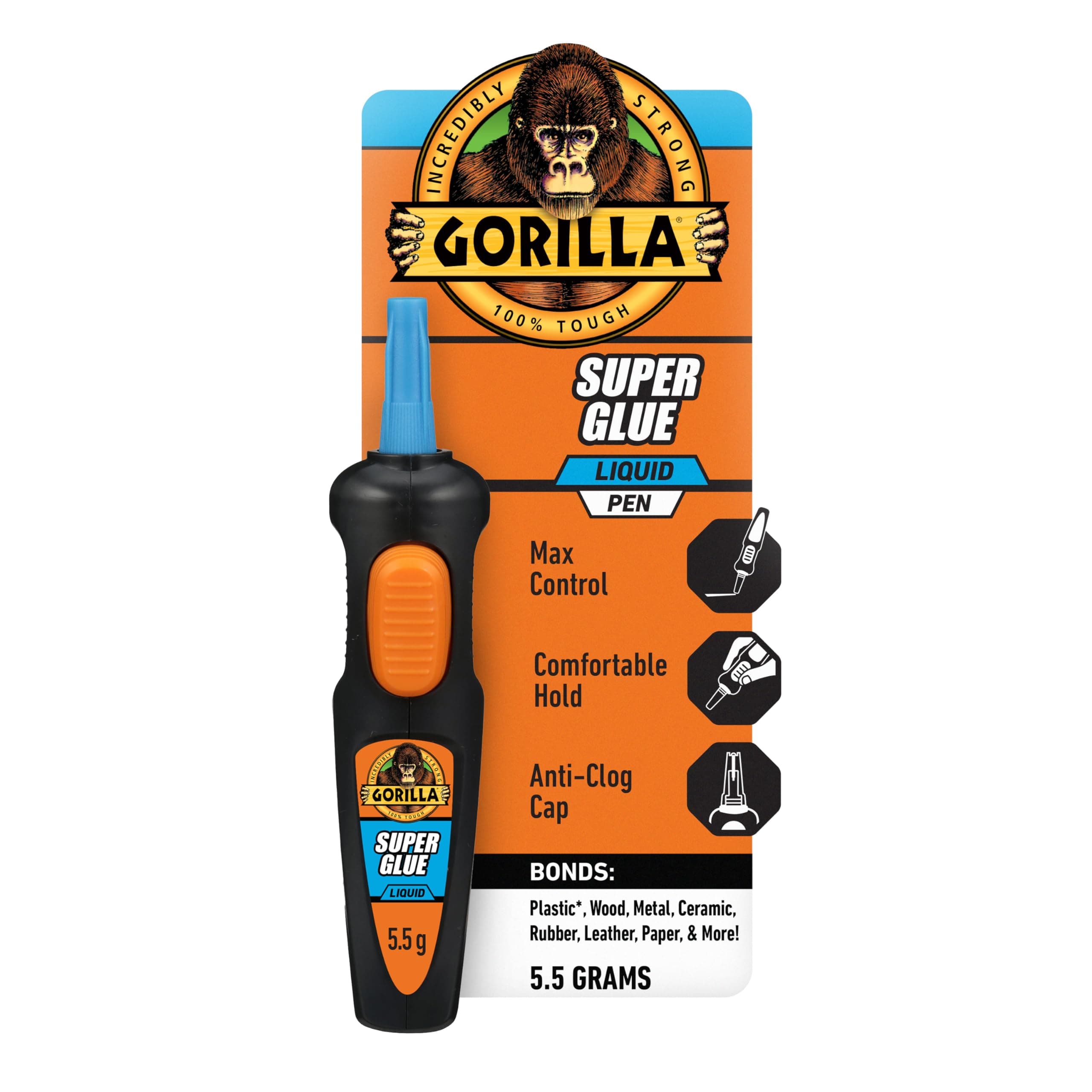 Gorilla Super Glue Pen, Cyanoacrylate Glue, Fast Setting, Precise Dispensing Pen Shaped Applicator, Clear, 5.5g (Pack of 1)