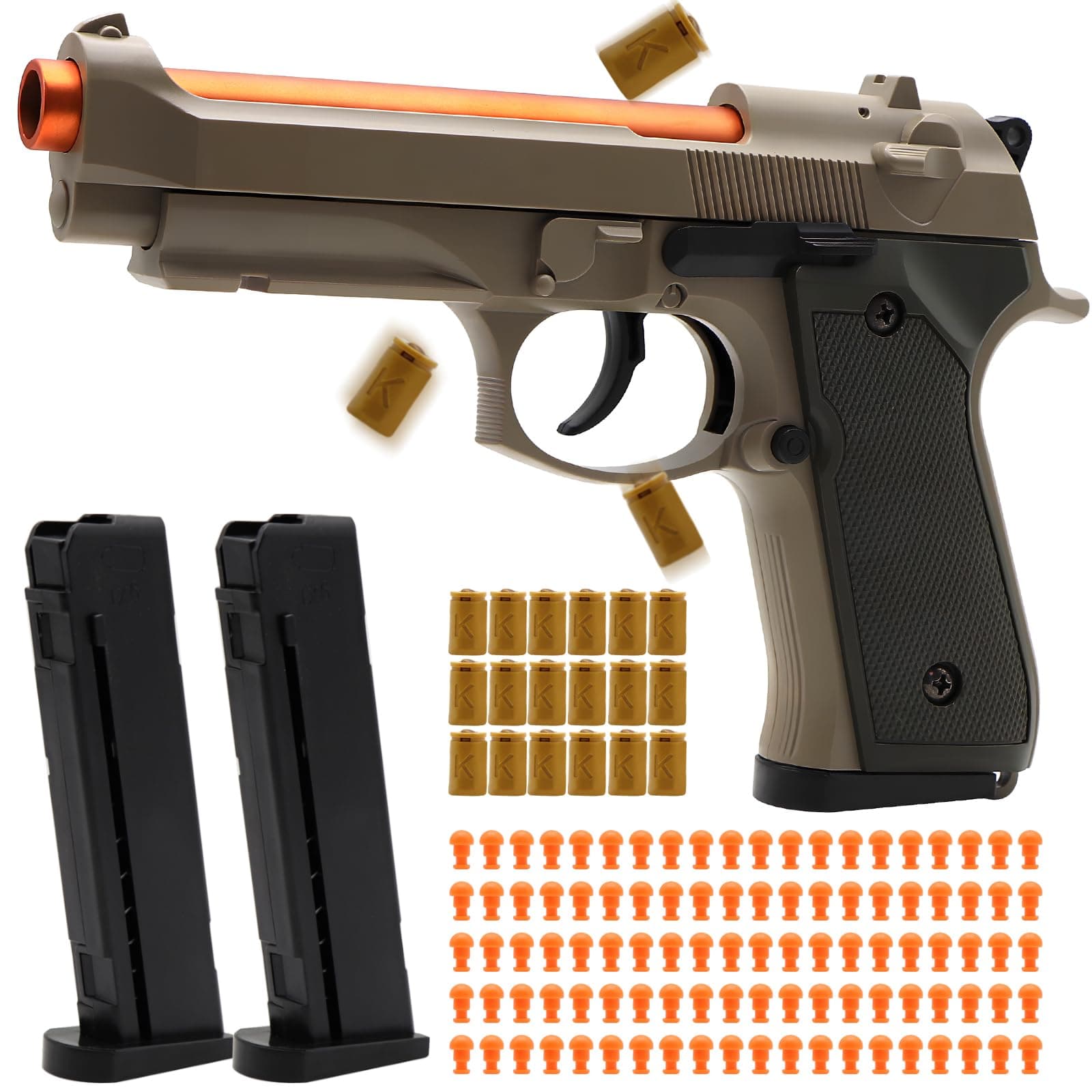 Bugrtey Sand Fidget Toy Gun, Automatic Shell Ejecting Toy Gun with 100 Soft Bullets, 18 Shells and 2 Magazines Toy Foam Blasters & Guns Fidget Toy, Christmas Birthday Gifts