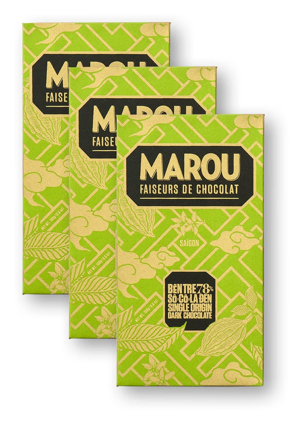 Marou Origin Ben Tre 78% Cacao Dark Chocolate 3-Pack | Vietnam Single Origin, Dairy Free, Gluten Free, Soy Free | 3 x 80g Bar