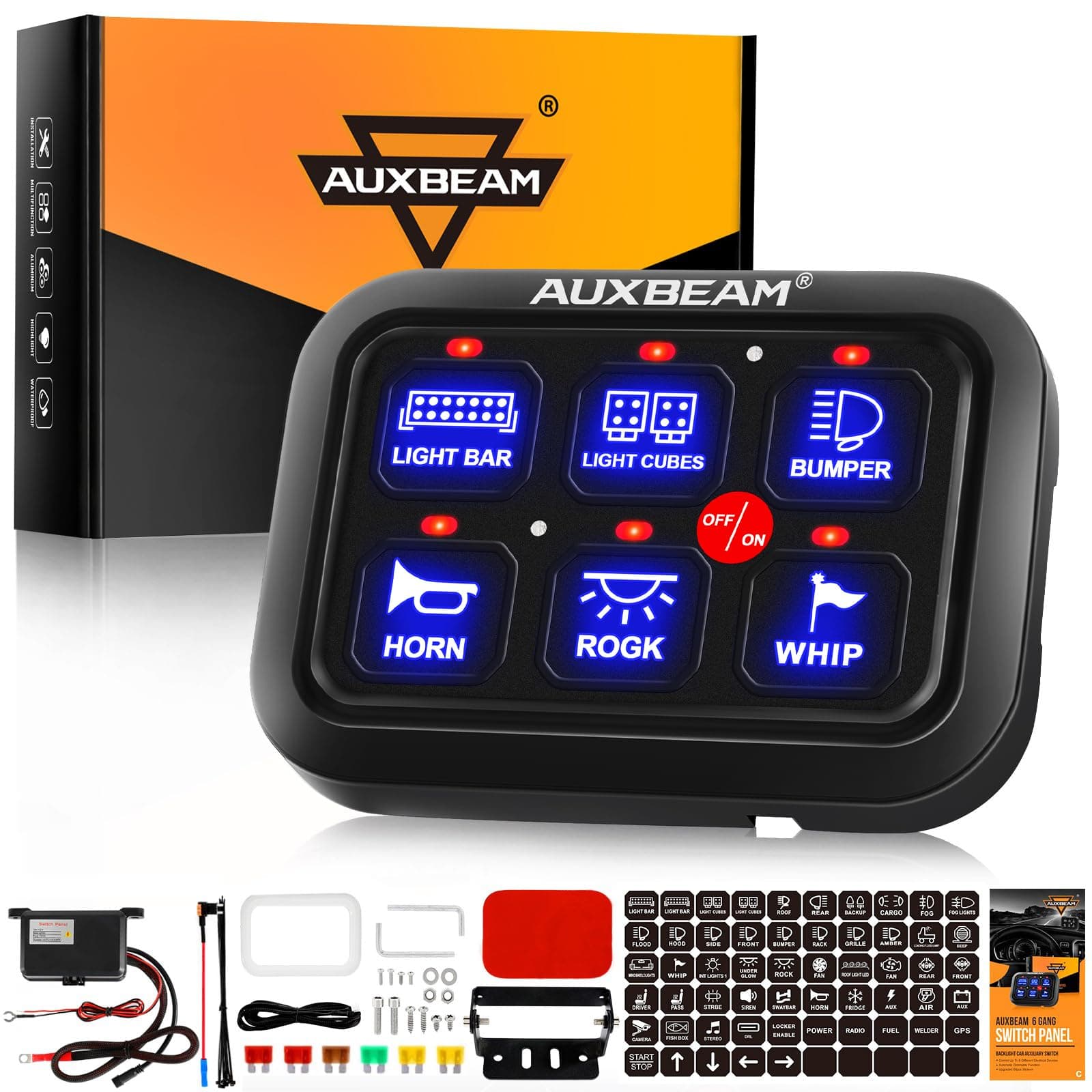 - Auxbeam 6 Gang Switch Panel BC60, Universal Circuit Control Relay System Box with Automatic Dimmable On-Off LED Switch Pod Touch Switch Box for Car Pickup Truck UTV ATV Boat, 3 Years Warranty, Blue