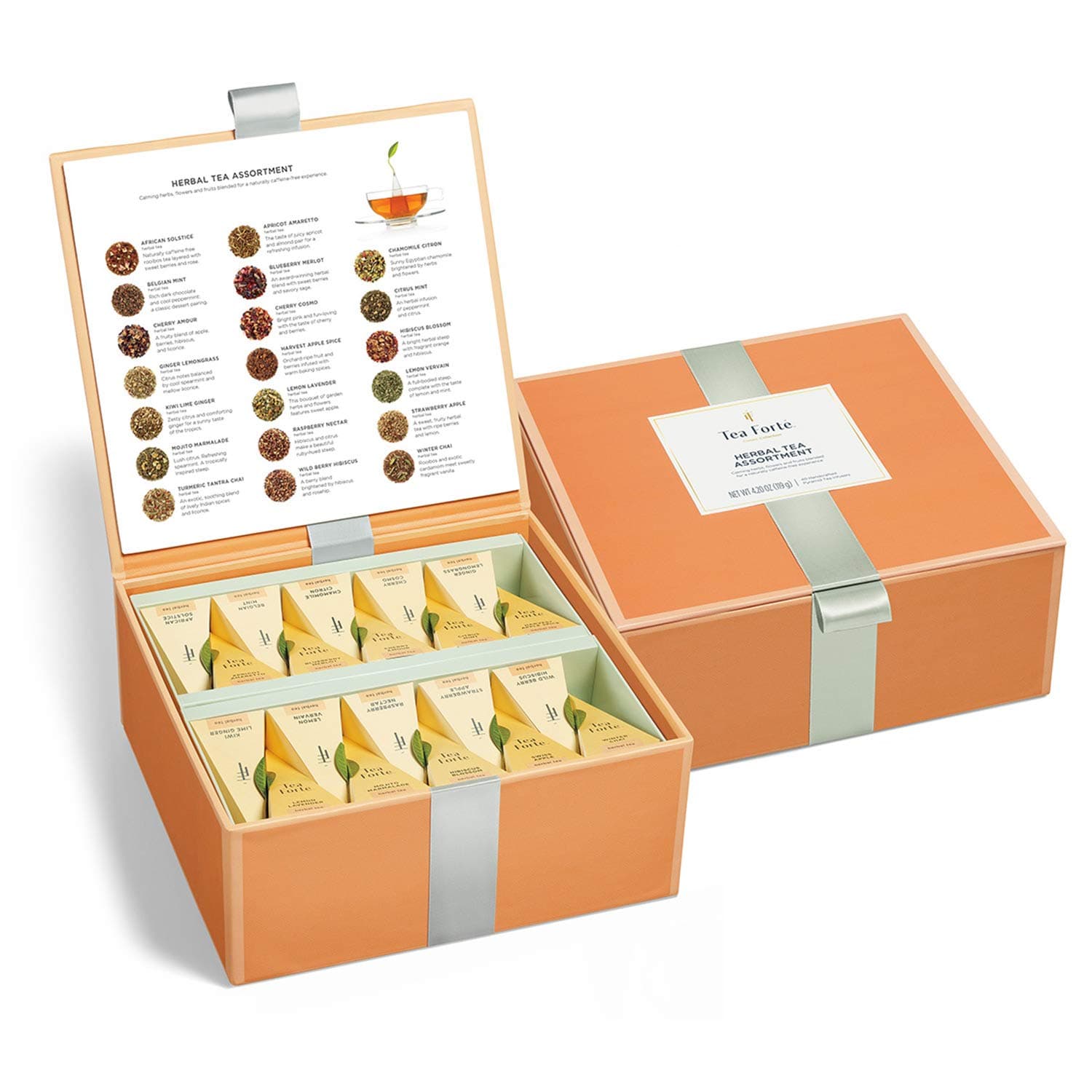Tea Forte Premium Tea Chest Presentation Box Gift Set Sampler, 40 Count Individually Wrapped Handcrafted Pyramid Tea Infuser Bags, Herbal Tea