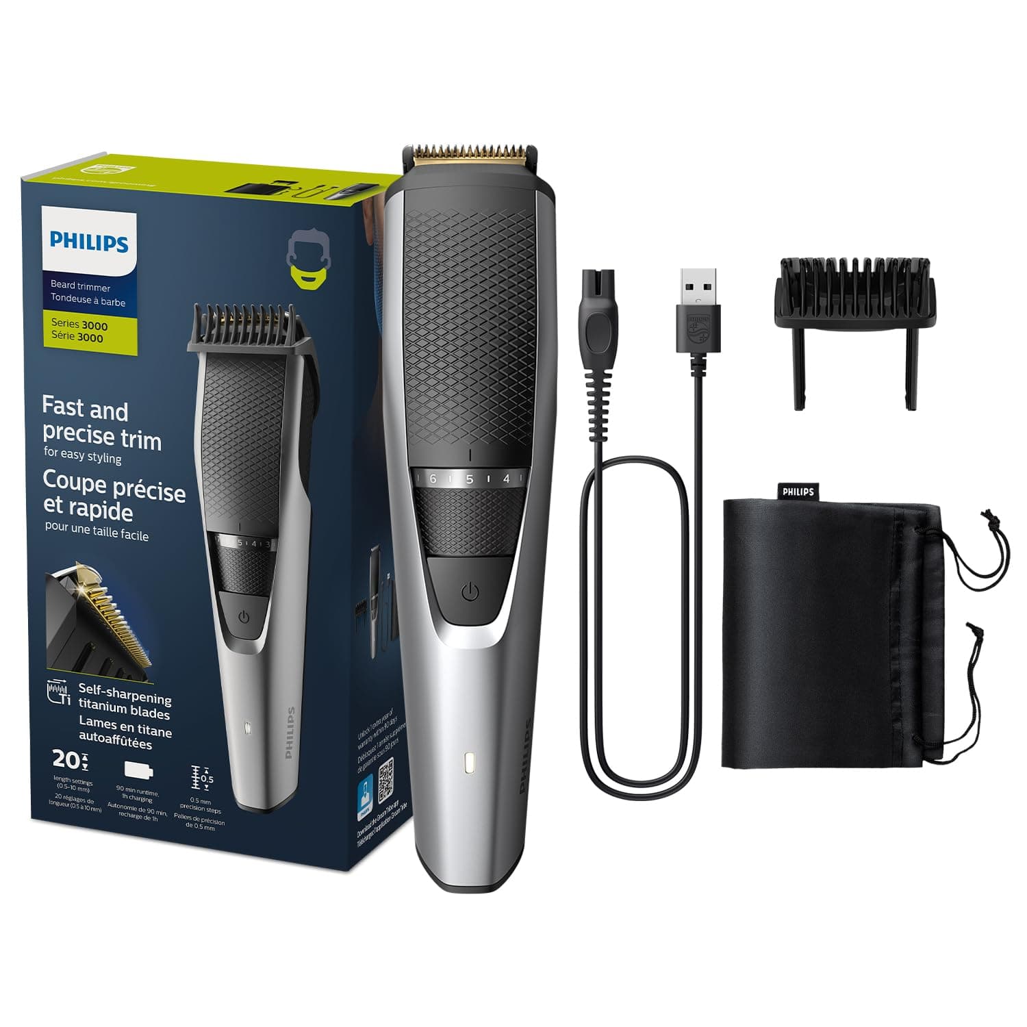 Philips Beard Trimmer BT3232/15 | Precision Beard Styling for Effortless Grooming | 20 Length Settings, Maintenance-Free Blades, No Oil Required | 90min Cordless Use, Battery Indicator