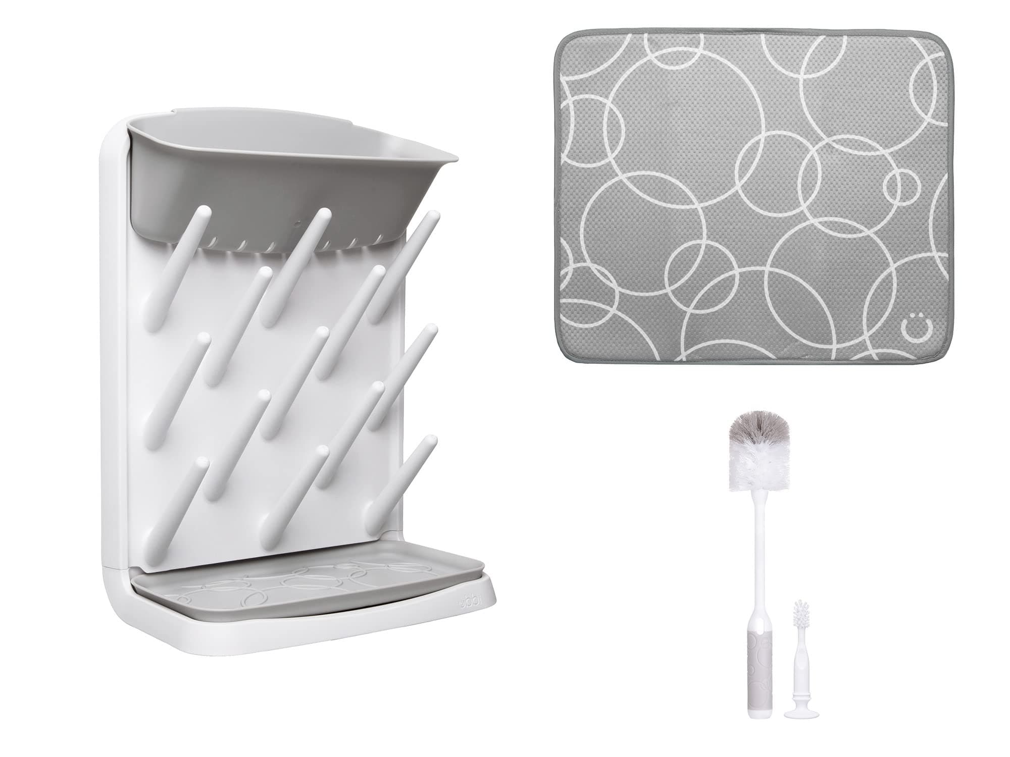 Vertical Spacing Saving Bottle Drying Rack with 13 Pegs, 2-in-1 Bottle Brush & Microfiber Drying Mat Bundle, Newborn Baby Essentials, Baby Registry Must Haves, New Parent Gifts, Gray