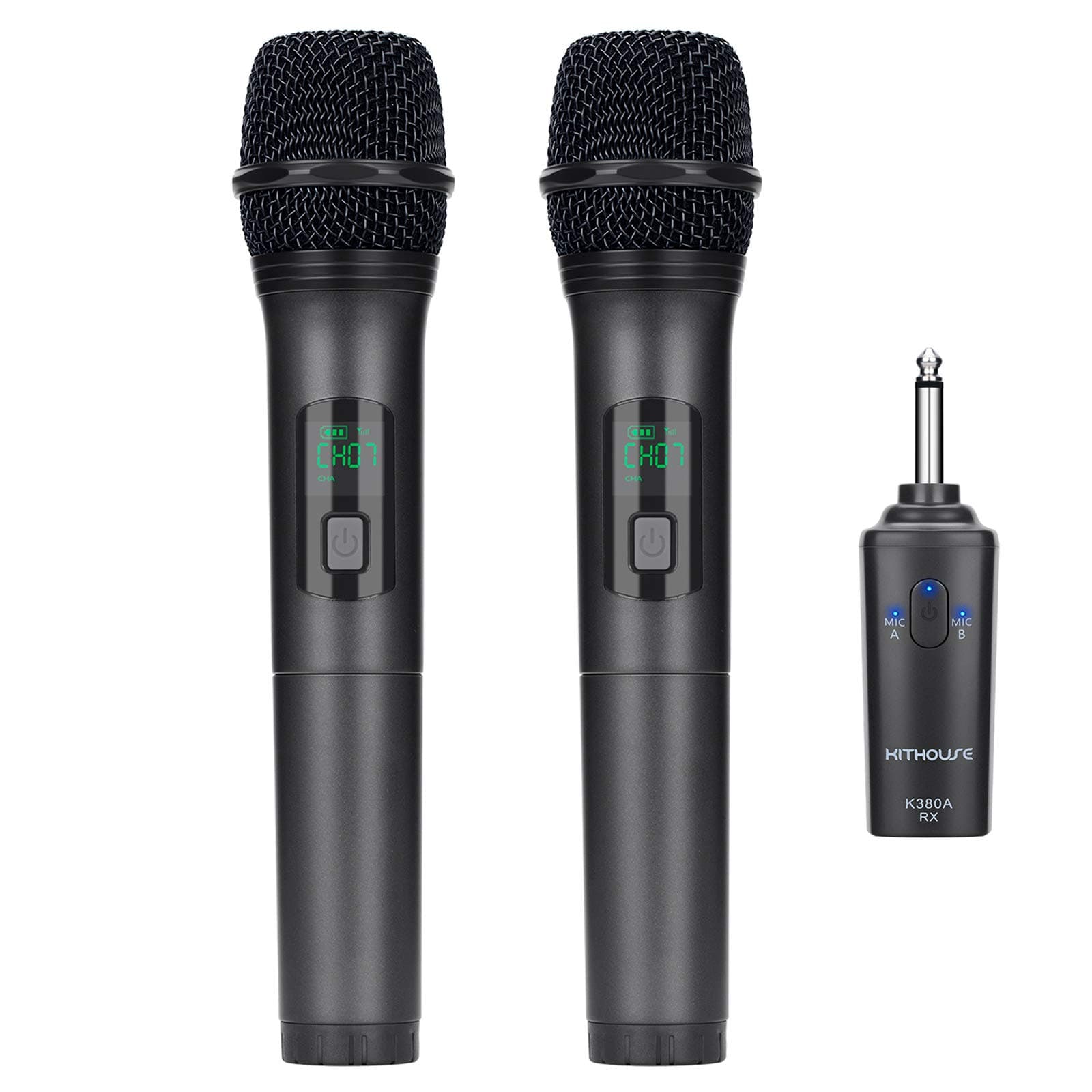 Kithouse K380A Wireless Microphones - Dual UHF Handheld Cordless Mics with Rechargeable Bluetooth Receiver - Karaoke/Speech/Church (Elegant Black)