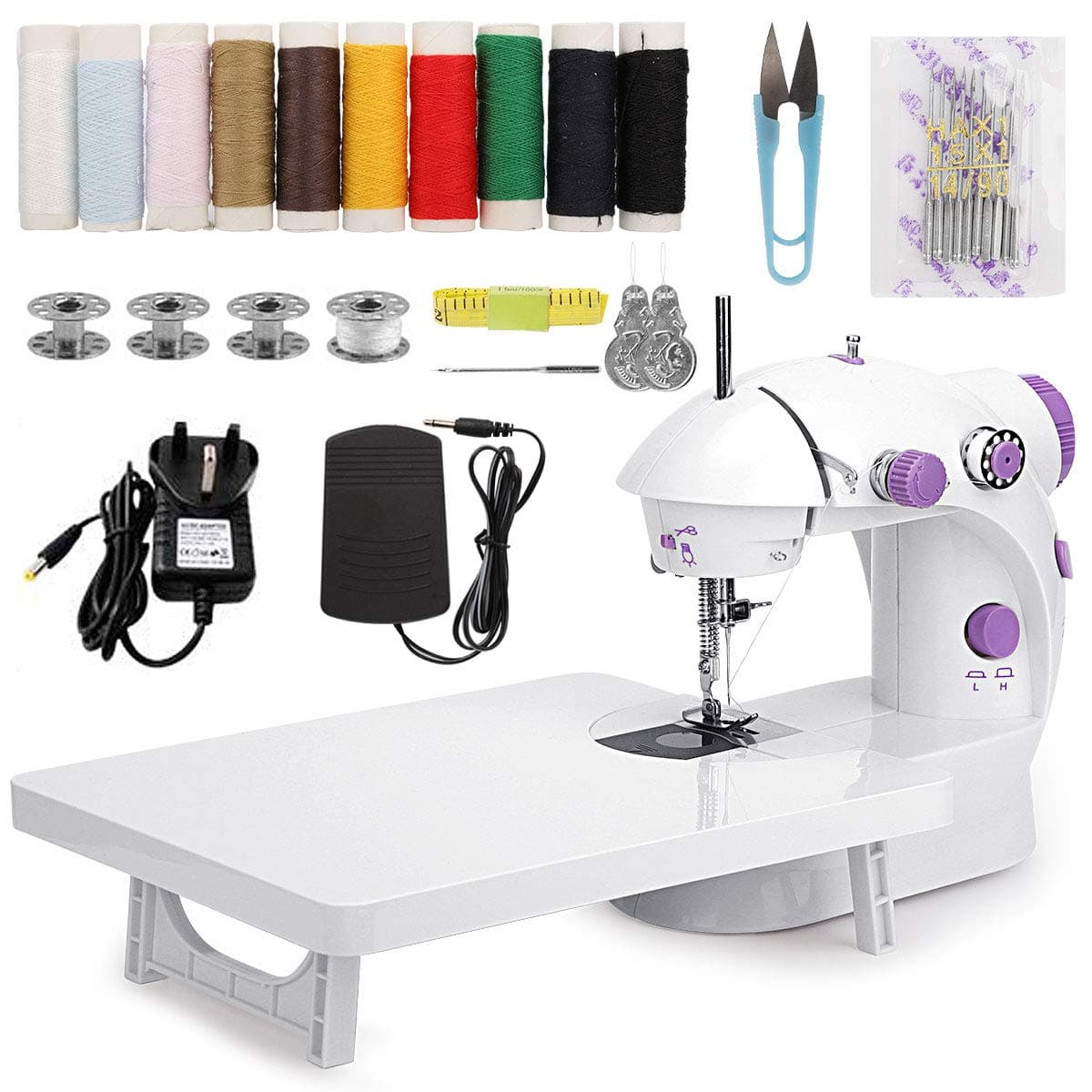 MinRi Mini Sewing Machine with Upgrade Extension Table Adjustable Double Threads and Two Speeds Portable Crafting Mending Machine Sewing Kit for Household, Travel, Kids, Beginners