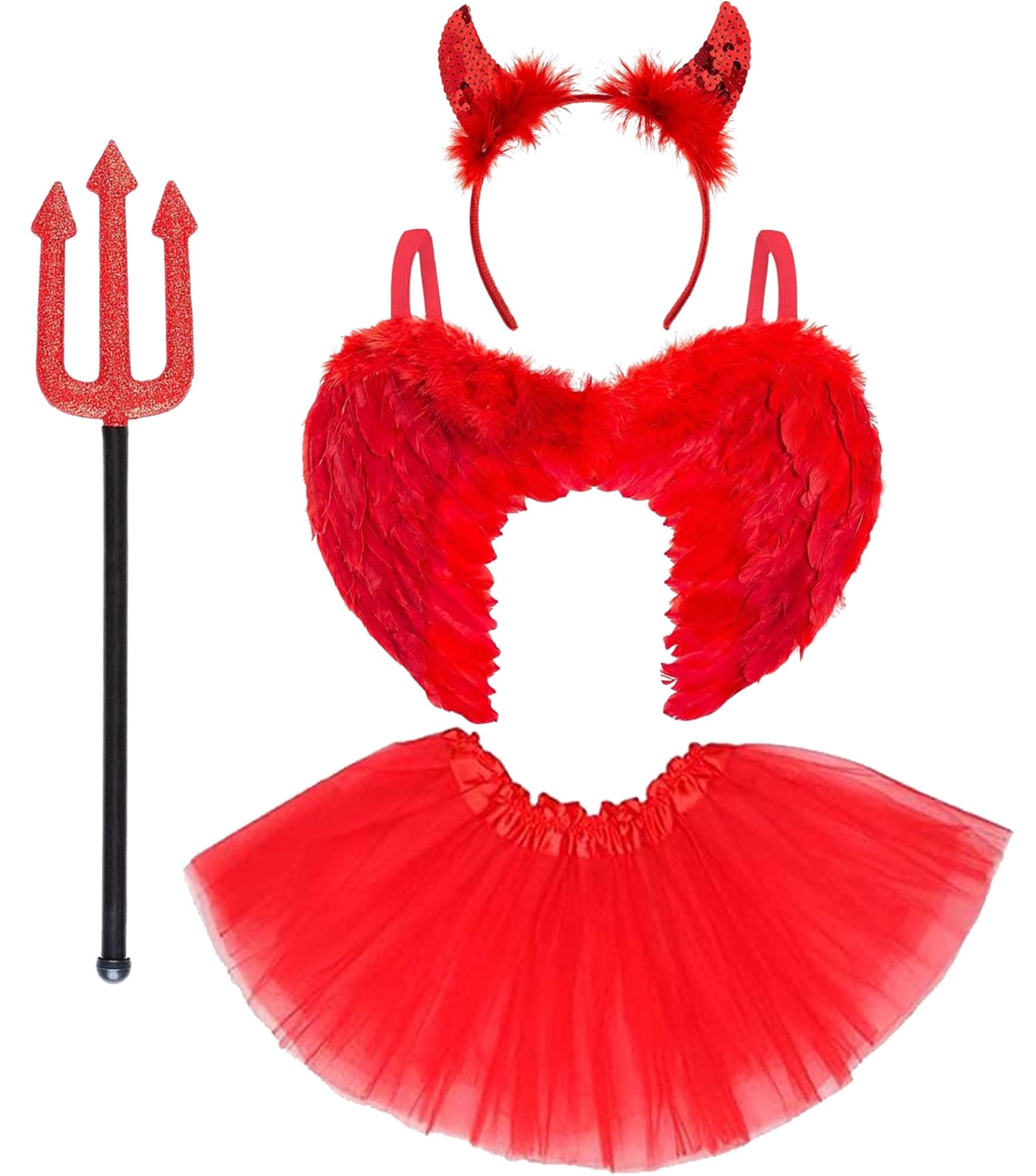 4pc Kids Devil Costume Accessories Includes; Red Feather Wings, Devil Horns Headband, Pitchfork Halloween Prop and Red Tutu Skirt - Fallen Angel Costume Girls Halloween Outfit Fancy Dress for Kids