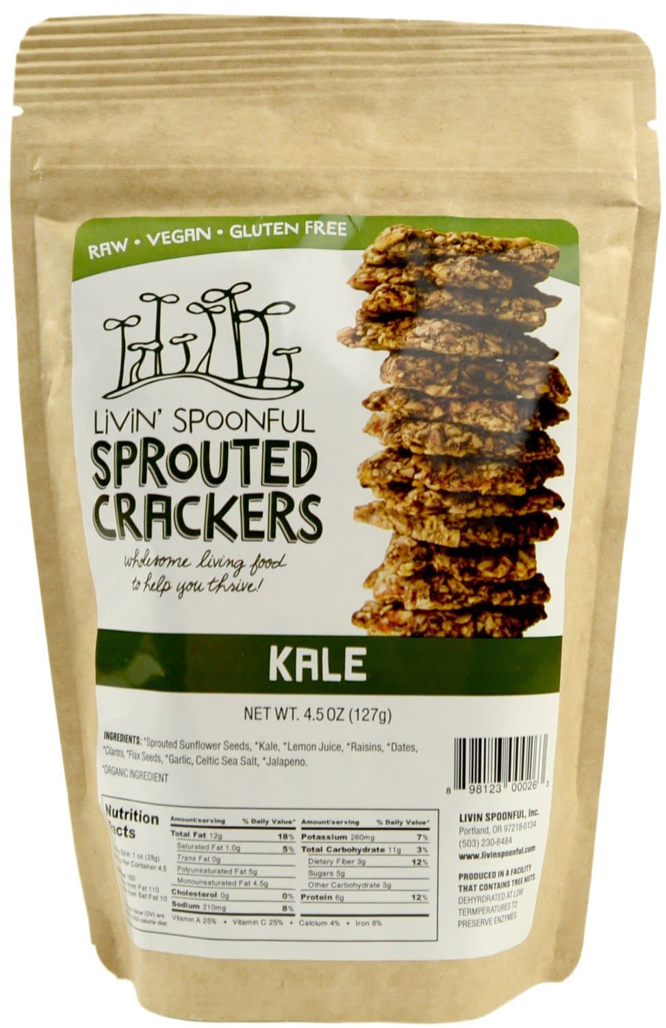 Raw Sprouted Crackers, 4.5 Oz, Kale, (2-pack)
