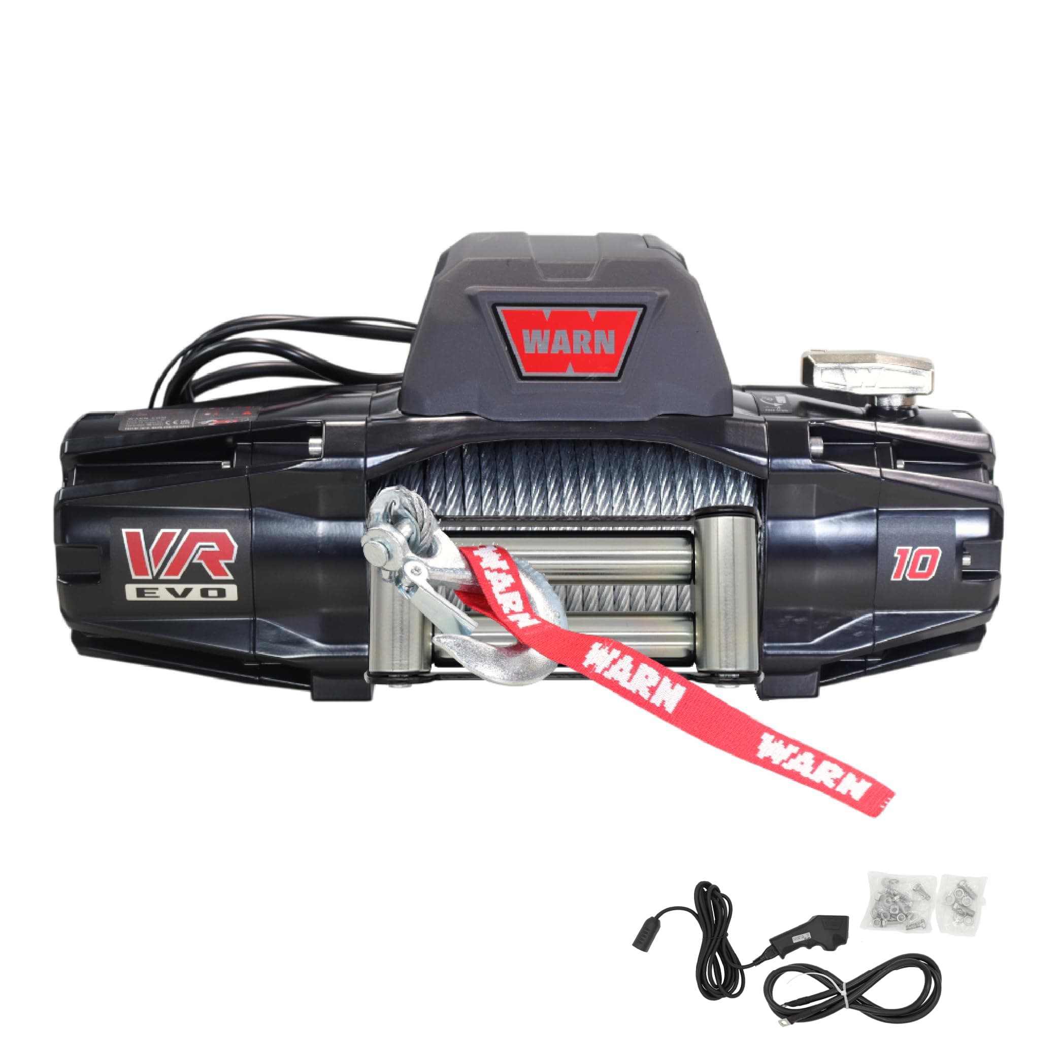 VR EVO 10 Standard Duty Electric Winch for 1/2-ton Pickups, Jeeps, and Larger SUVs, 12V DC, 10,000 lb Line Pull, 90 ft Steel Cable with Roller Fairlead, Relocatable Control Pack.