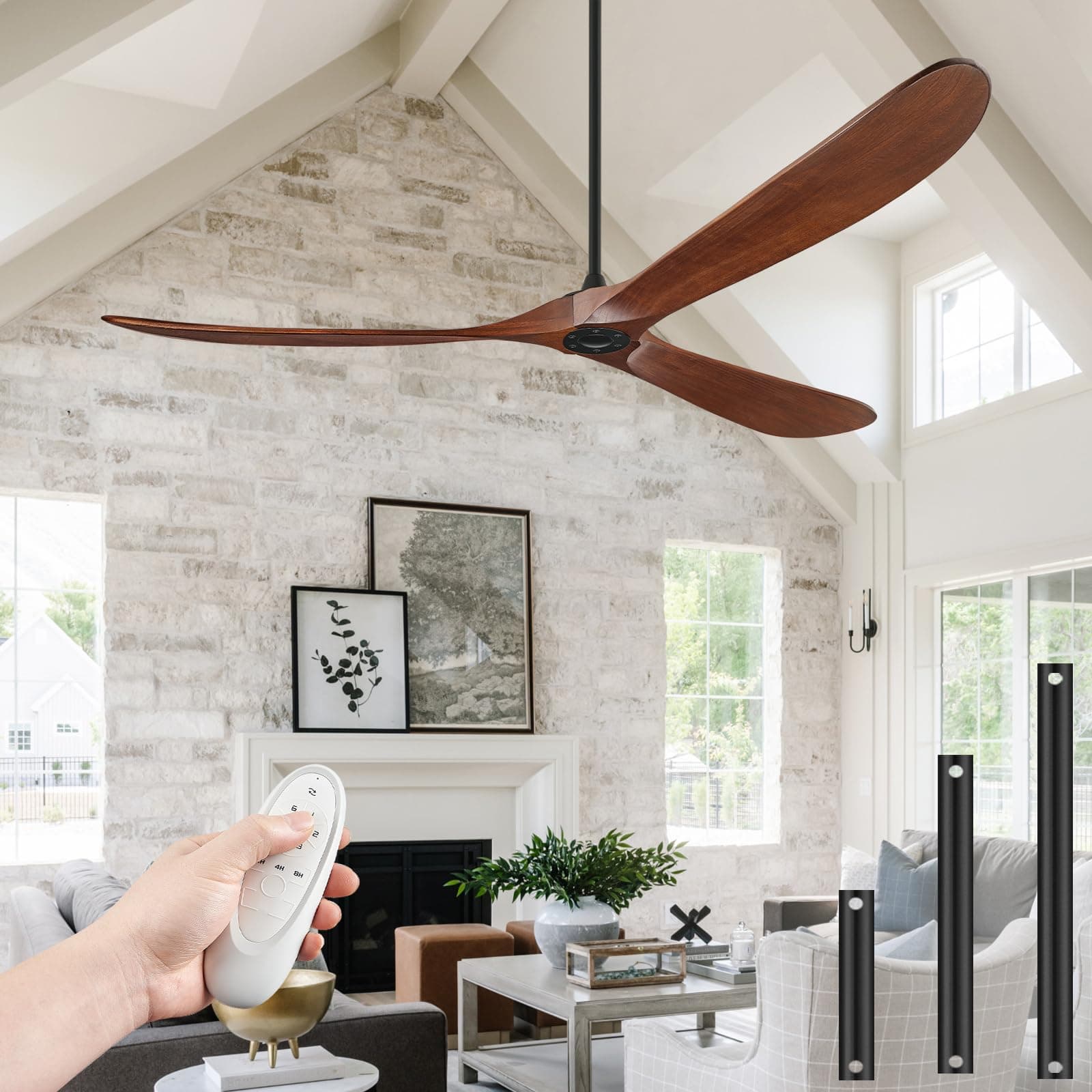 Ceiling fans without light, 84 inch extra large ceiling fan with remote control, wooden 3-blade DC motor, high CFM, outdoor ceiling fan with