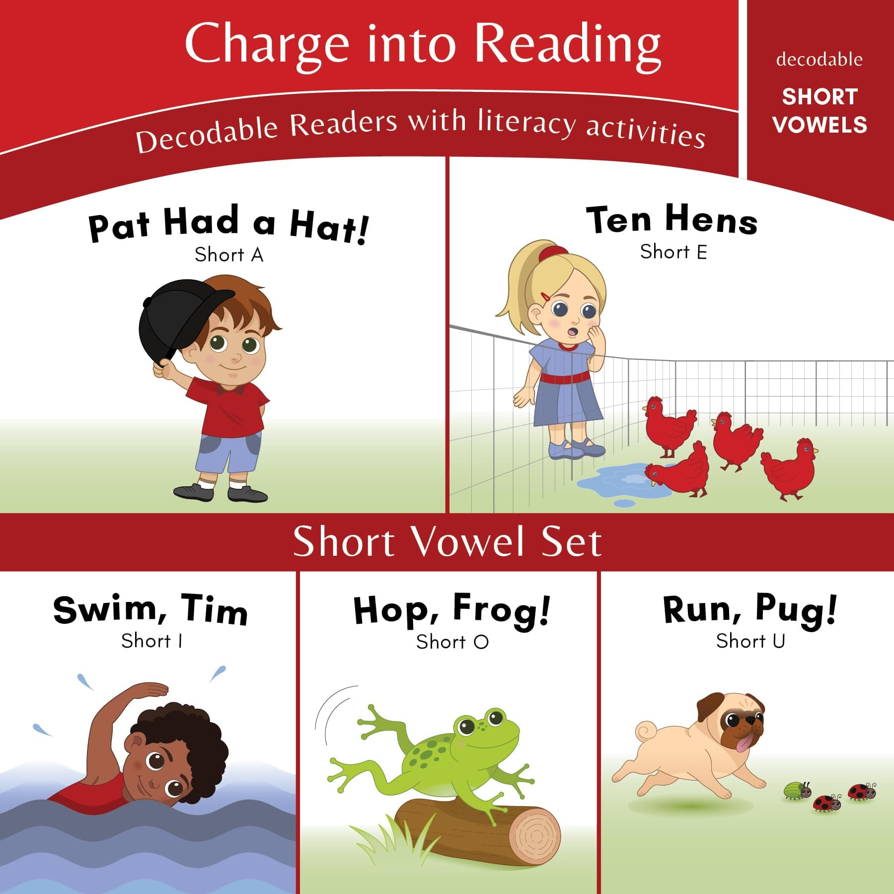 Charge into Reading Decodable Books (Stage 1): 5 Short Vowel Decodable Readers to Help Kindergarten and First Grade Beginning Readers Learn to Read (One Short Vowel Sound Per Book)