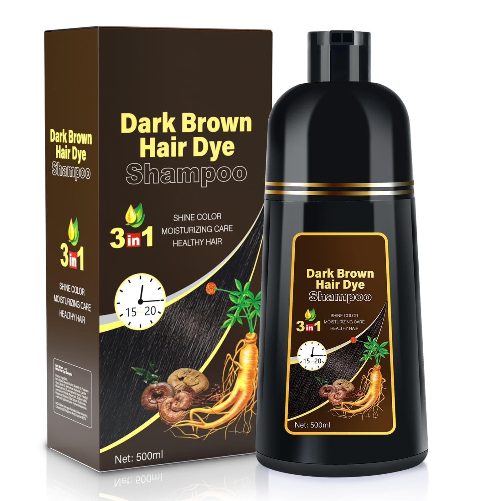 Cosmpro Dark Brown Natural Hair Dye Shampoo 3 in 1, 16.9 Fl Oz/500 ML, Semi-Permanent Gray Hair Coverage, Unisex, Natural Ingredients,