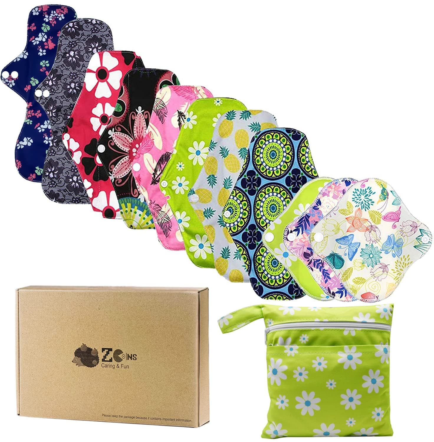 11 Pack Reusable Sanitary Pads (3S/6M/2XL) for All Flows - Light Medium Heavy & Night Use, Mixed Size Washable Cloth Period Pads with Wet Bag