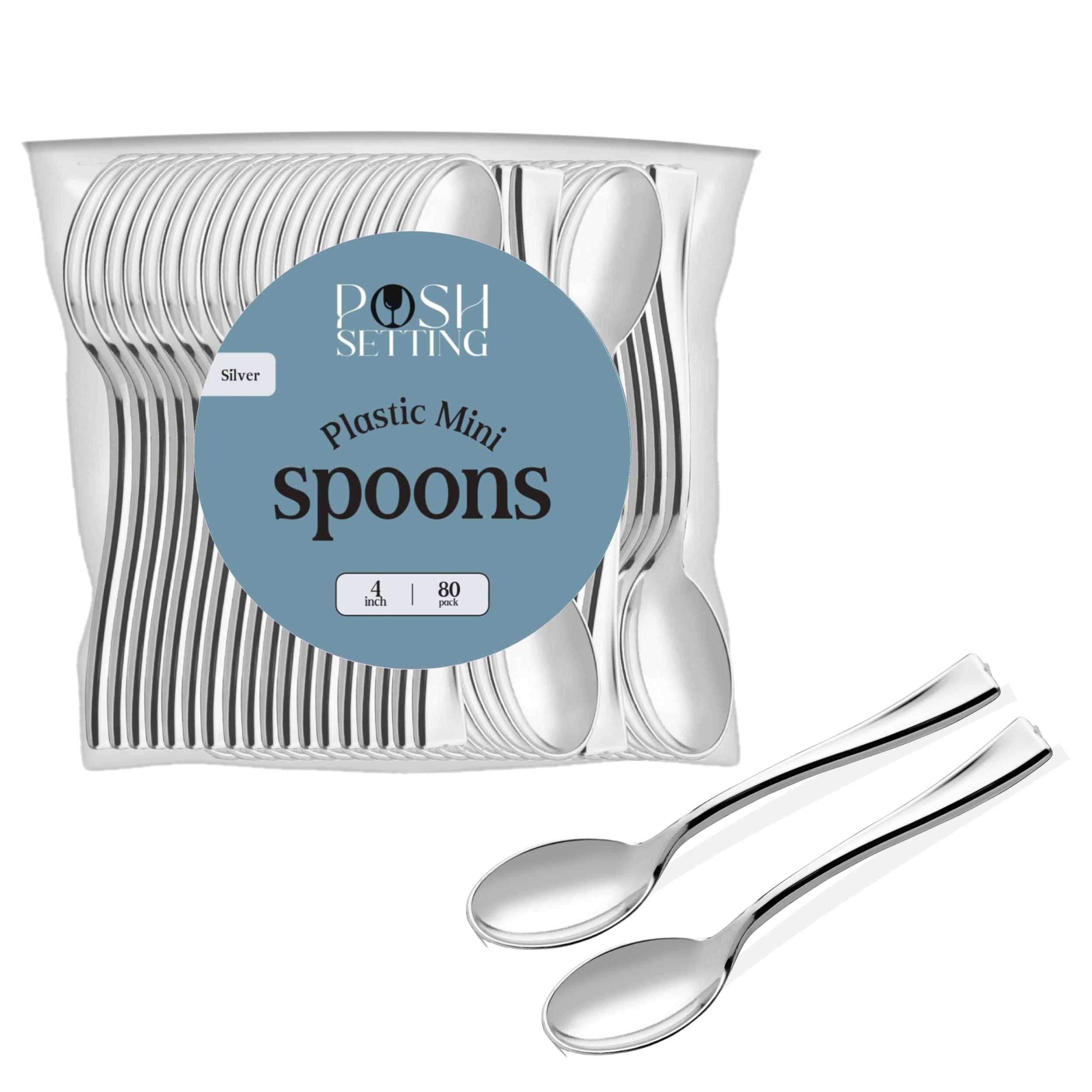 Posh Setting - Plastic Mini Spoons, Silver Mini Spoons, Silver Plastic Mini Dessert Spoons, Disposable Tiny Silver Spoons, 4 inch Mini Spoons for Appetizers, Taster Spoons, Ice Cream Spoons (80 Pack)