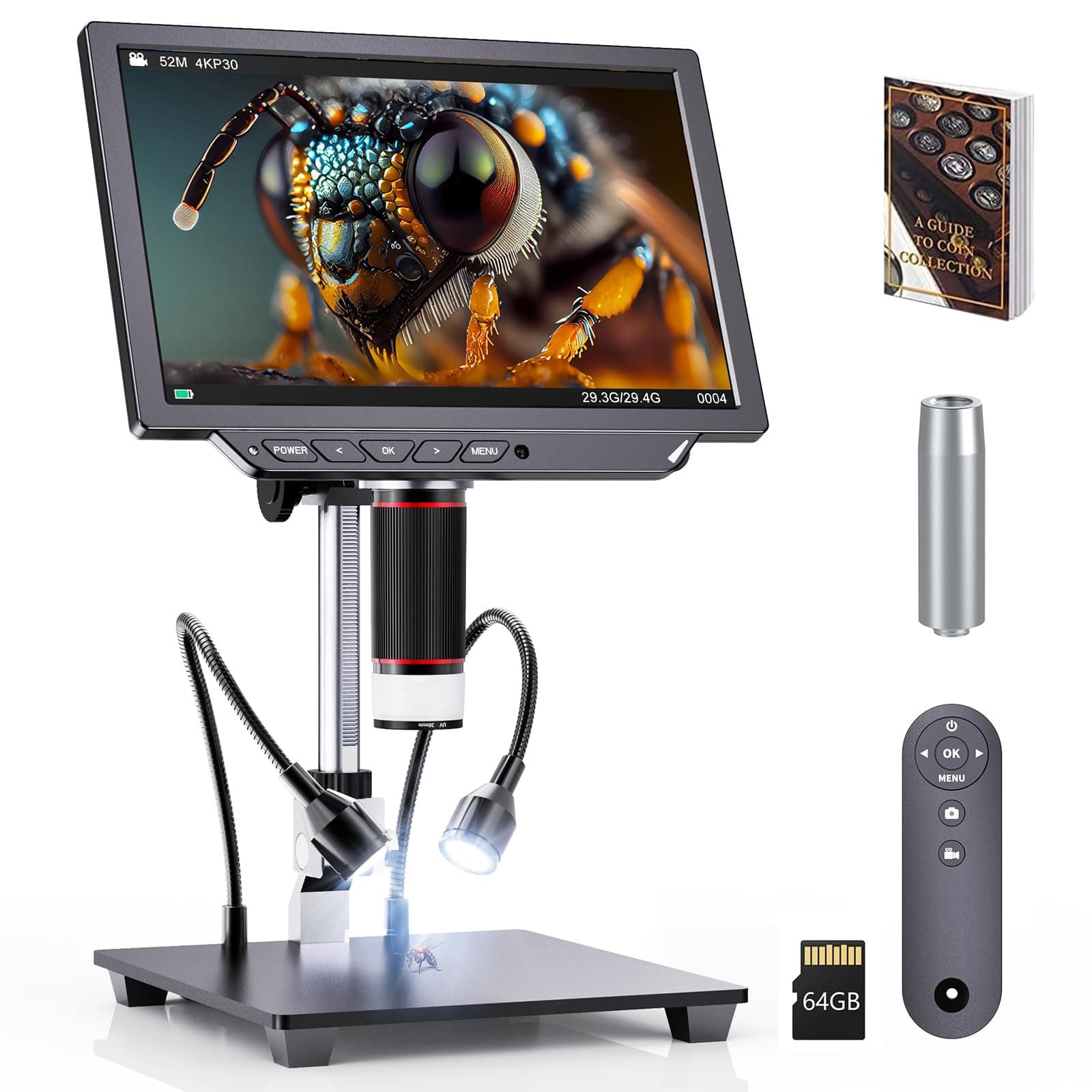 4K Digital Microscope - 2000X Magnification, 8" Coin Microscope with 52MP Camera Sensor, Microscope for Adults for Soldering, Full Coin Observation, 64GB TF Card & Coin Guidebook Included