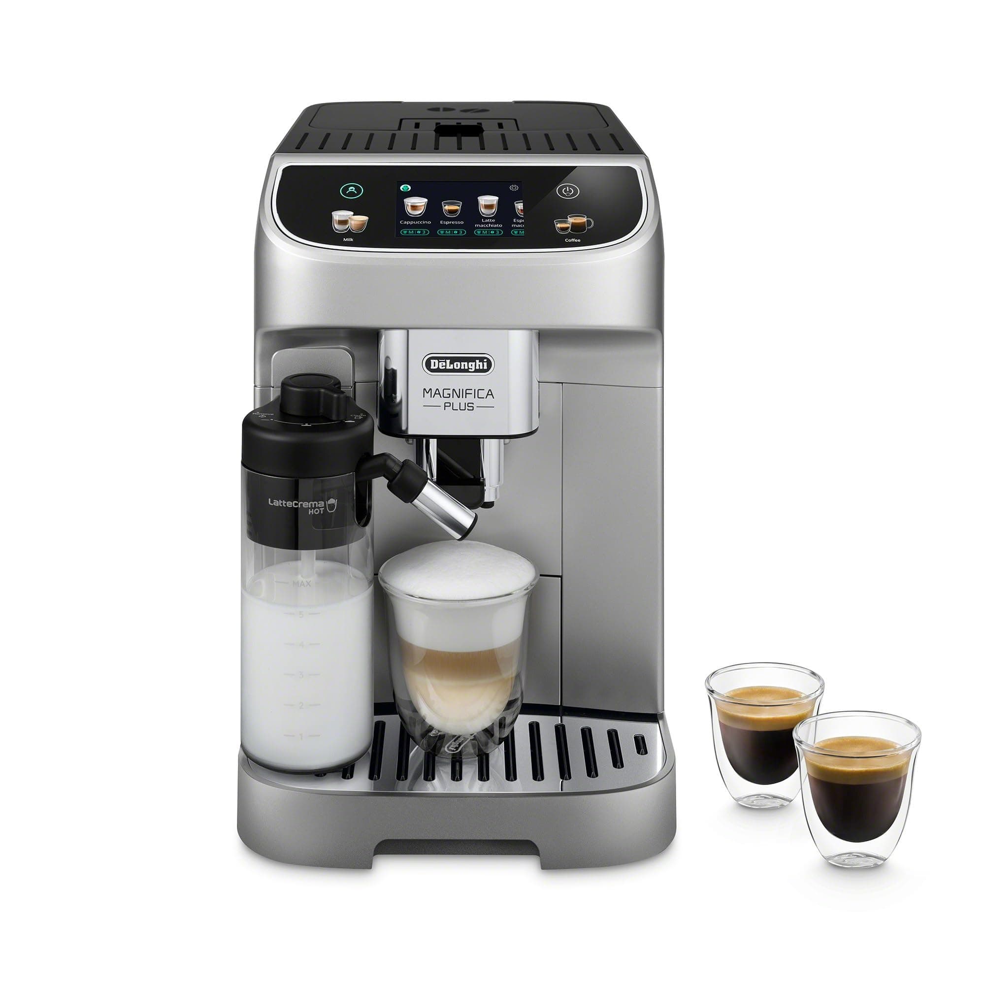 De'Longhi Magnifica Plus Fully Automatic Espresso Machine - Brew 18+ One Touch Coffee Recipes for up to 4 User Profiles, Automatic Milk Steam Wand & Built-in Grinder, Touchscreen Display