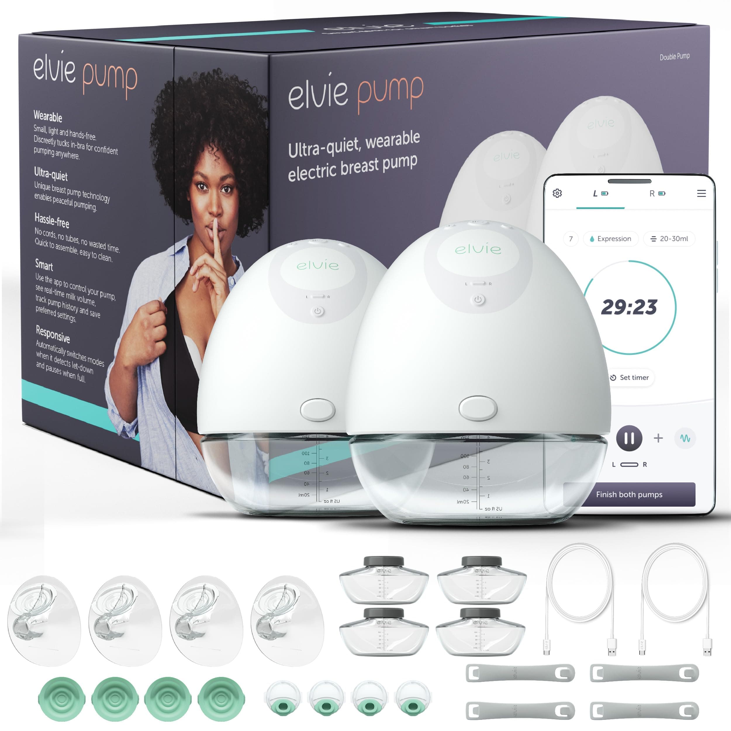Double, Wearable Breast Pump w/App - The Smallest & Quietest - Portable - Hands Free & Discreet - Automated w/Four Personalized Settings - Includes 3 Sets of Breast Shields