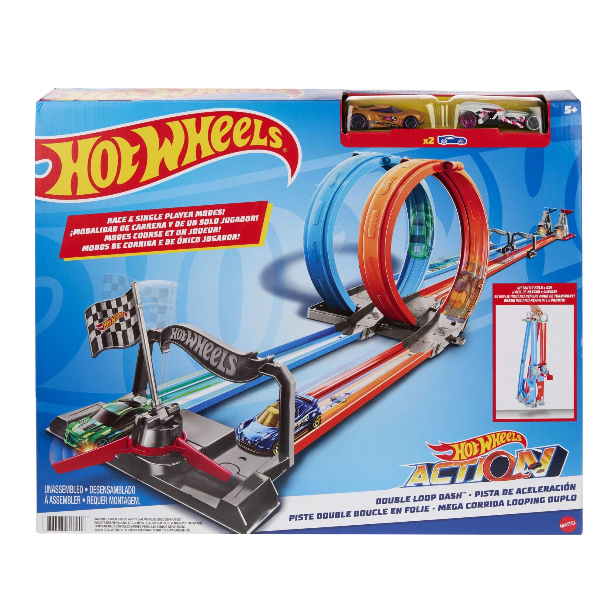 Hot Wheels® Double Loop Dash™ Straight Track Large Loops and 2 1:64 Scale Toy Cars Ages 5 to 10