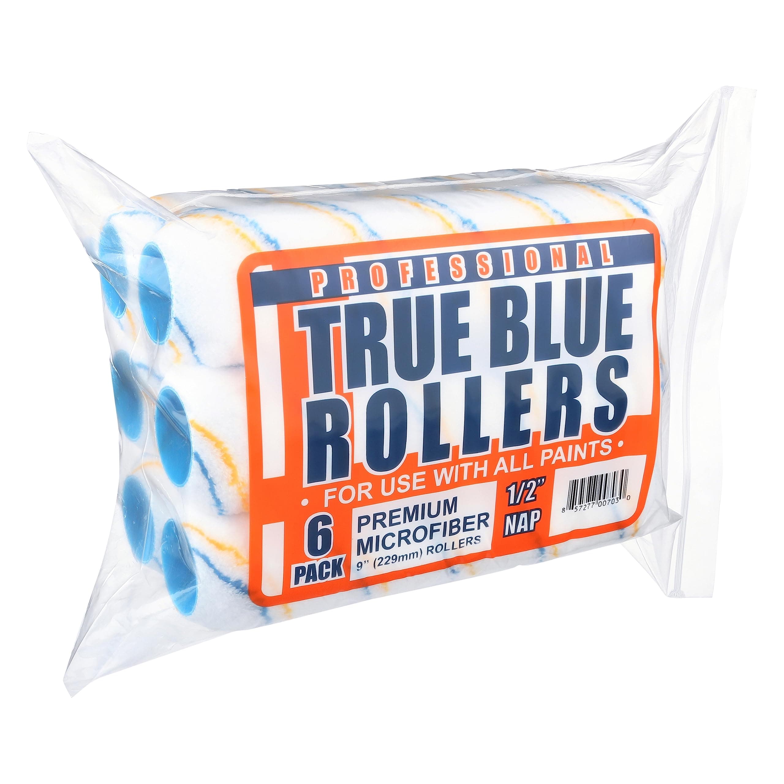True Blue Rollers 9 inch - 6 pack Microfiber 1/2" nap