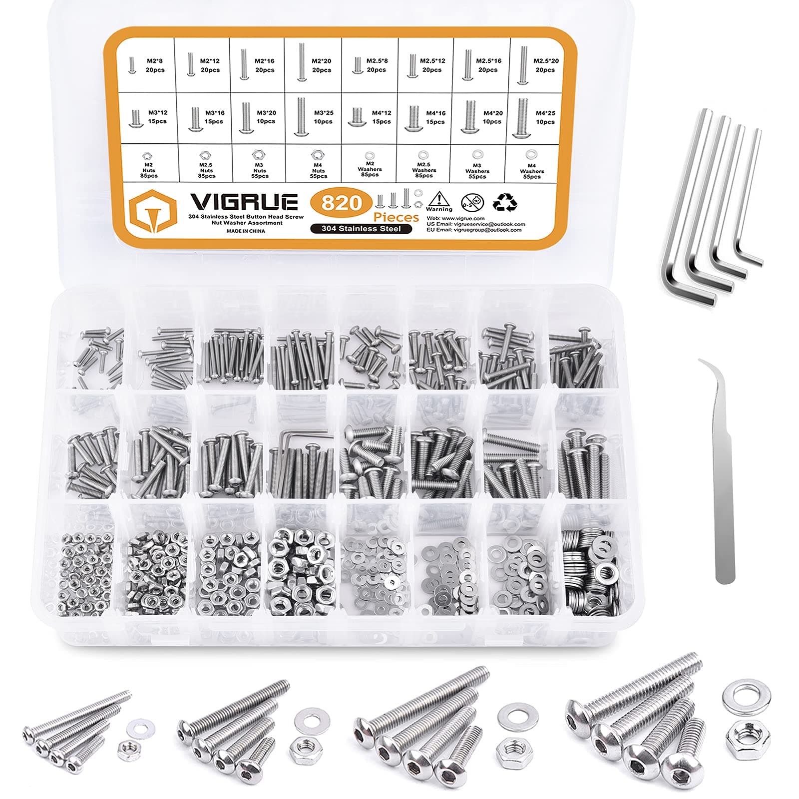 VIGRUE 820pcs M4 M3 M2.5 M2 Button Head Socket Cap Screws Bolts Nuts Washers Assortment Kit, 304 Stainless Steel Metric Screws Assortment Set, Small Bolts and Nuts Kit