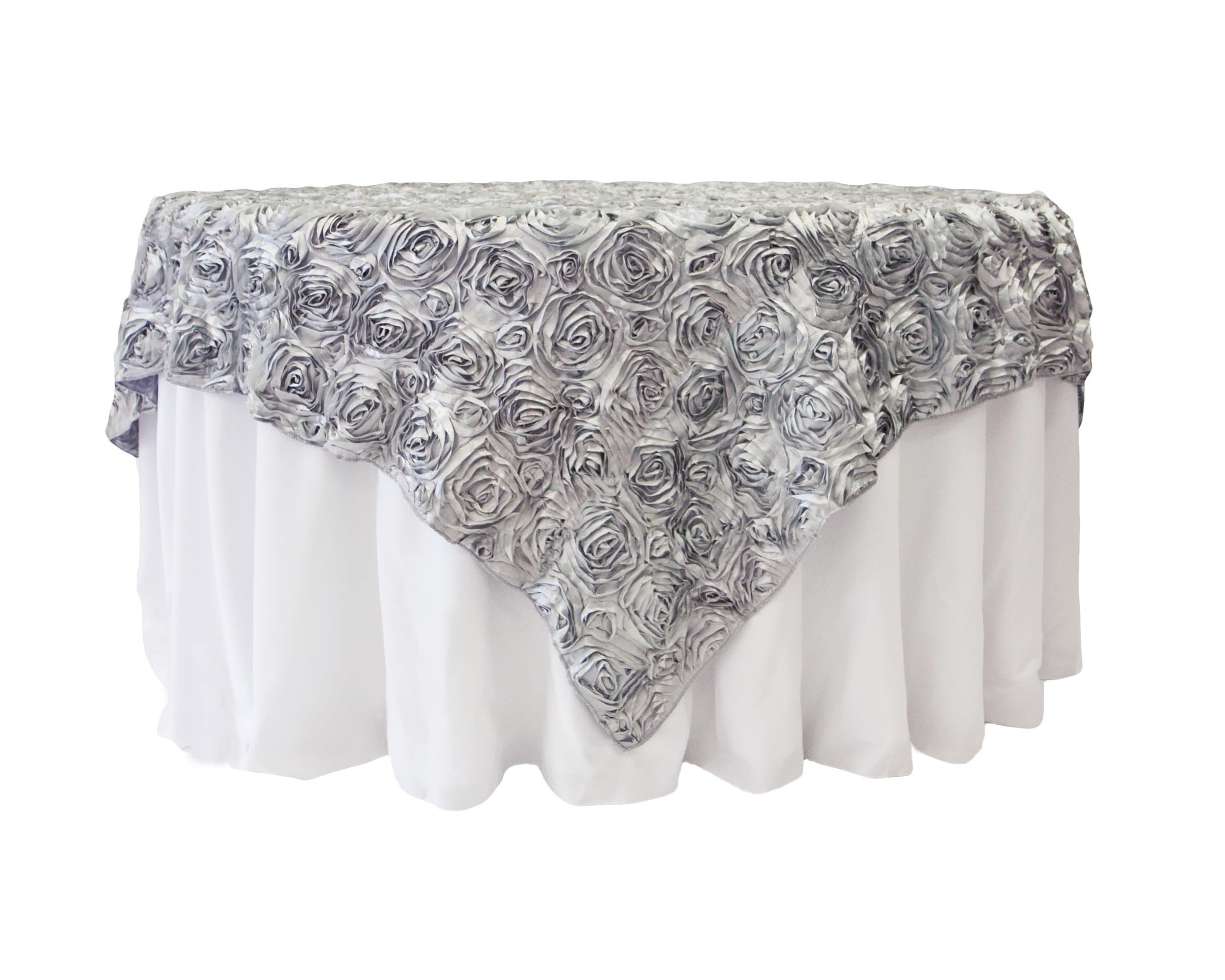72x72 Silver Ribbon Rose Table Overlay