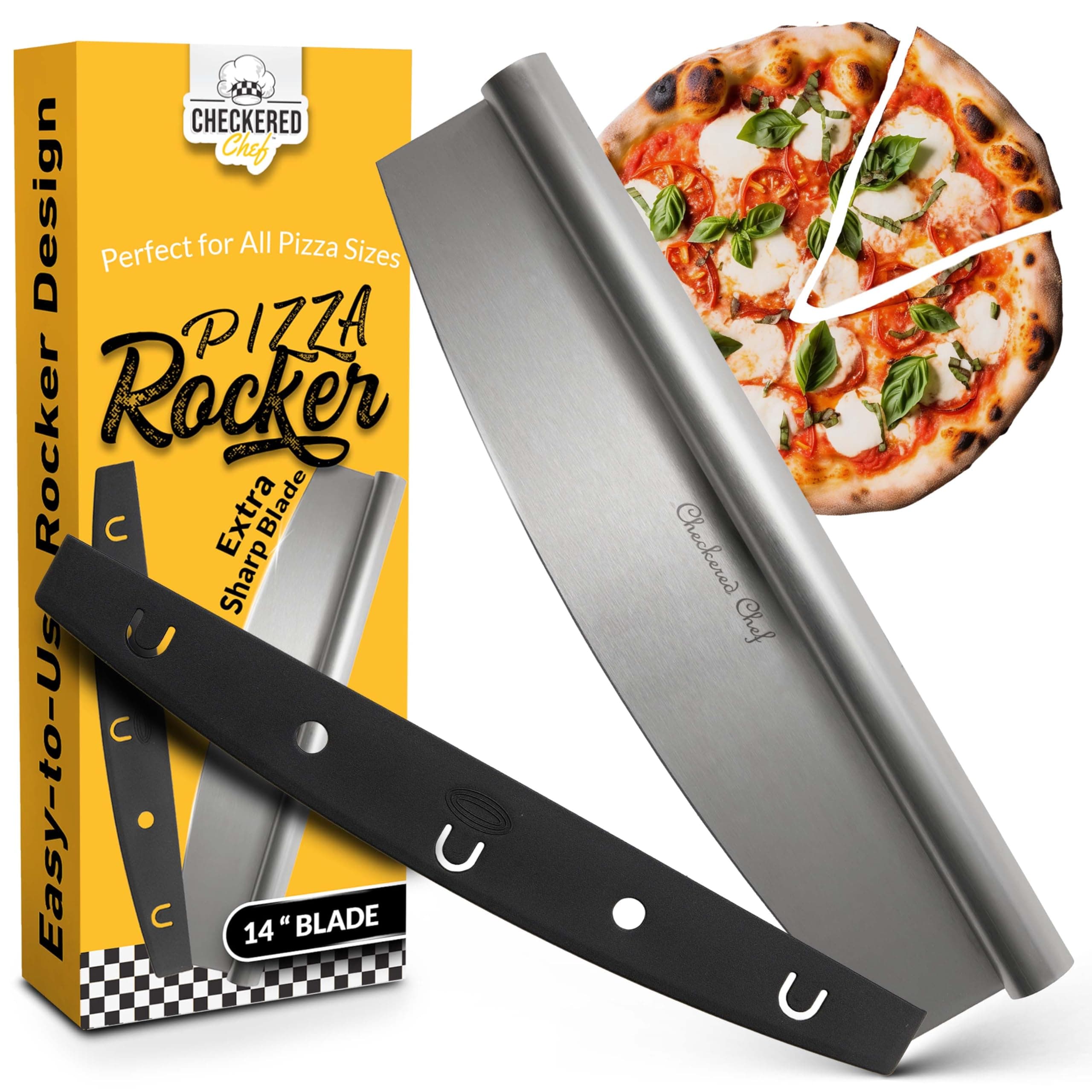 Checkered Chef Pizza Cutter Rocker Blade 14" - Sharp Stainless Steel Rocker Knife with Plastic Blade Sheath, Dishwasher Safe, Outdoor Pizza Oven Accessories
