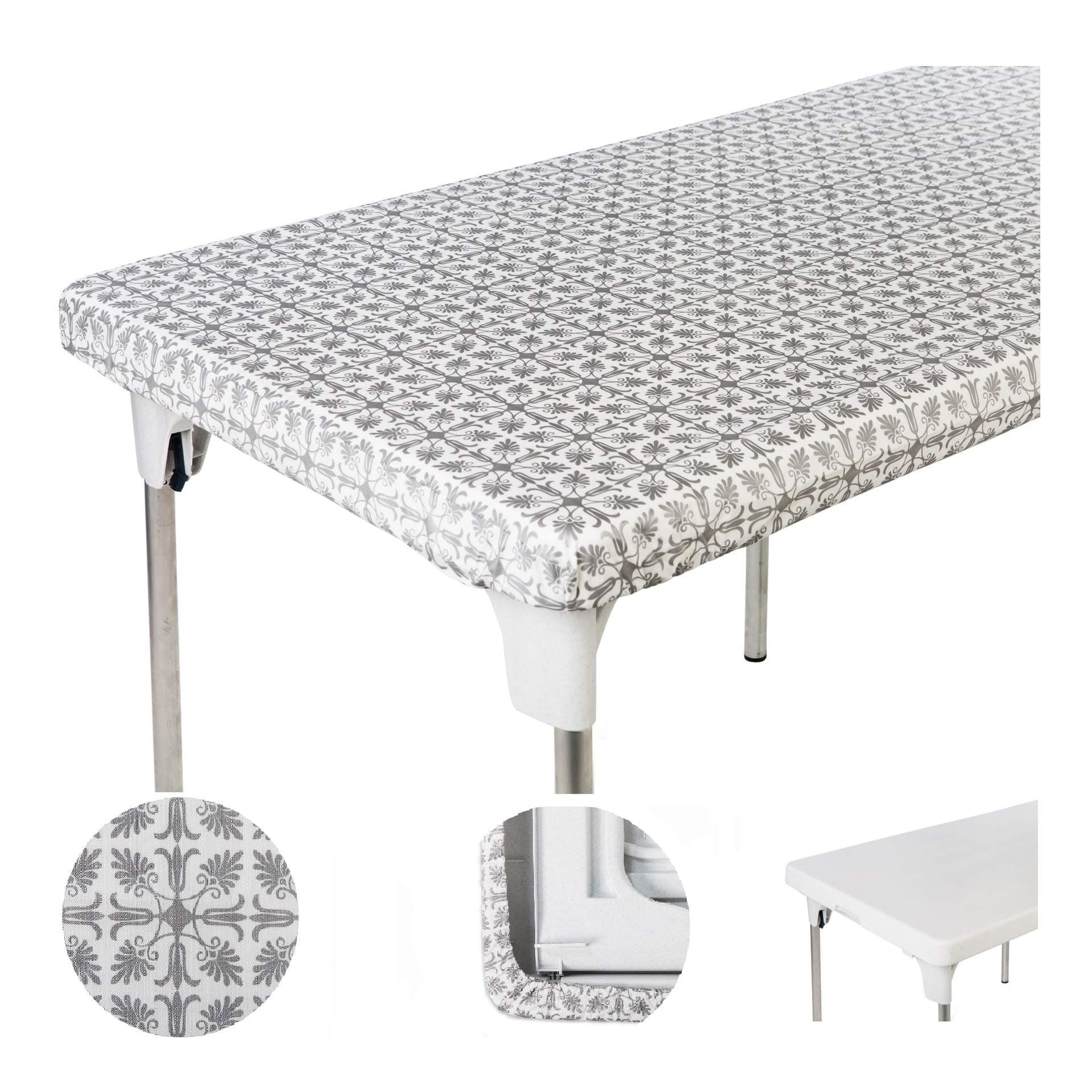Table Cover Silver Patterned Elastic on The Corner for Folding Table 6 ft 30 x 72 inch Waterproof Elastic Edge Fitted Stay Put Table Cloth for Travel Christmas Picnics Parties Outdoor