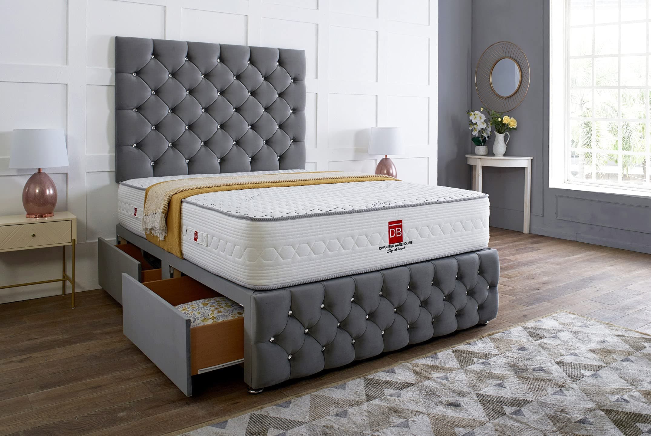 4FT6 Double Grey Plush Memory Foam Divan Bed Set With Tufted Mattress, 2 Drawers, Tall Headboard and Footboard