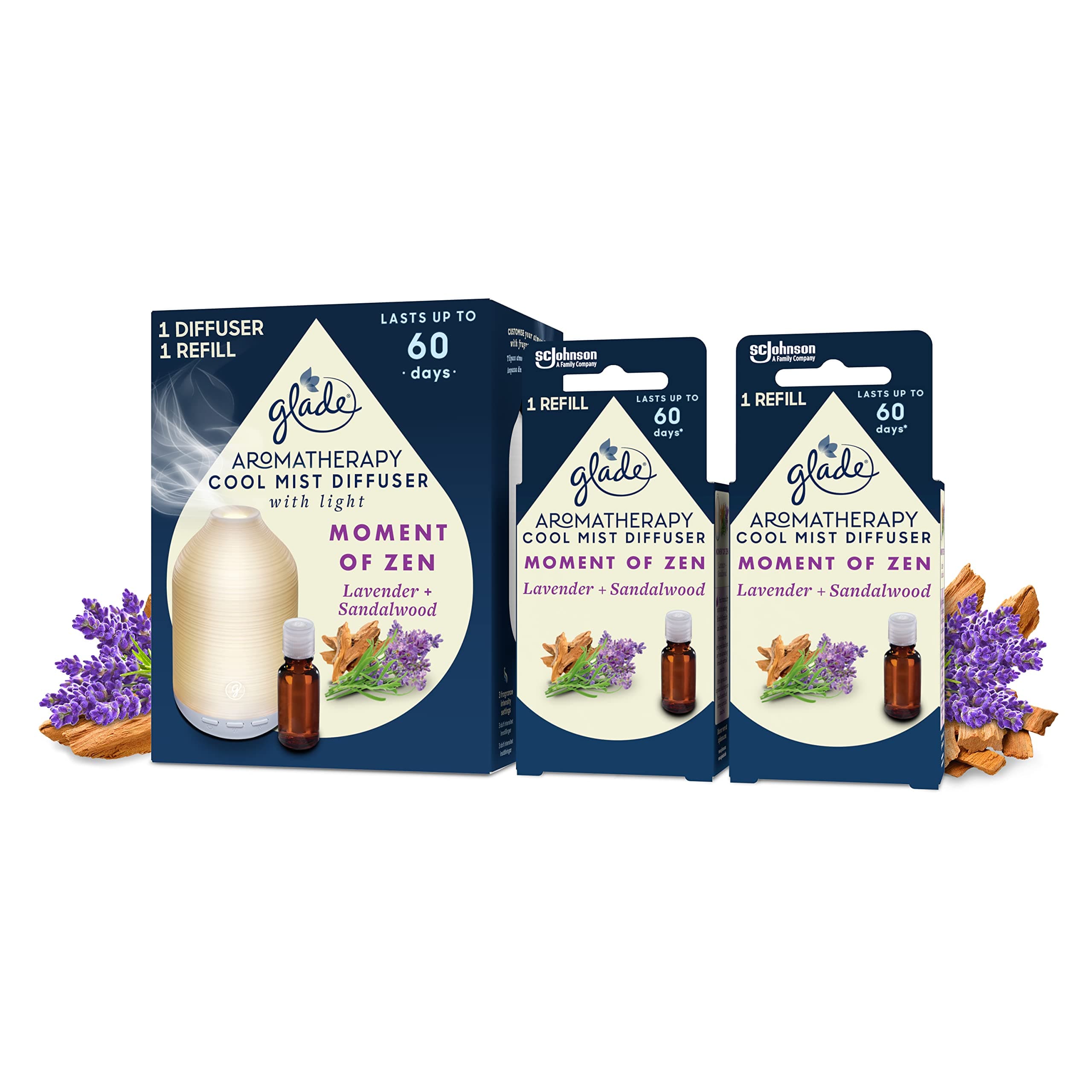 Glade Aromatherapy Cool Mist Diffuser Gift Set, Home D�cor Essential Oils Diffuser Calming Fragrance, Moment of Zen with Lavender & Sandalwood, 1 Holder + 3 Refills