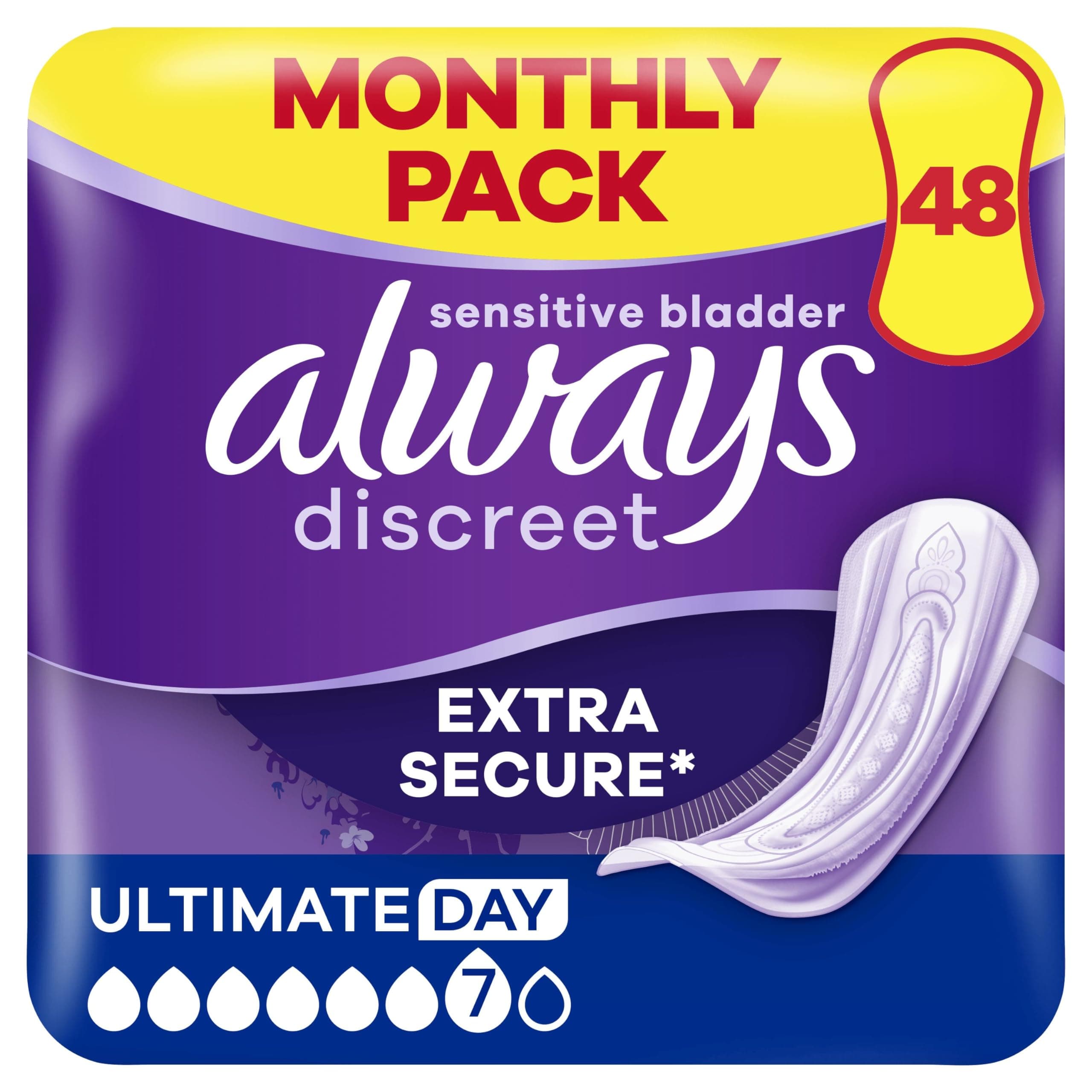Incontinence Pads Women, Ultimate Day, Absorbency 6, 48 Sanitary Towels (12 x 4 Packs), Extra Secure Bladder Weakness Pads Women, Odour Neutraliser