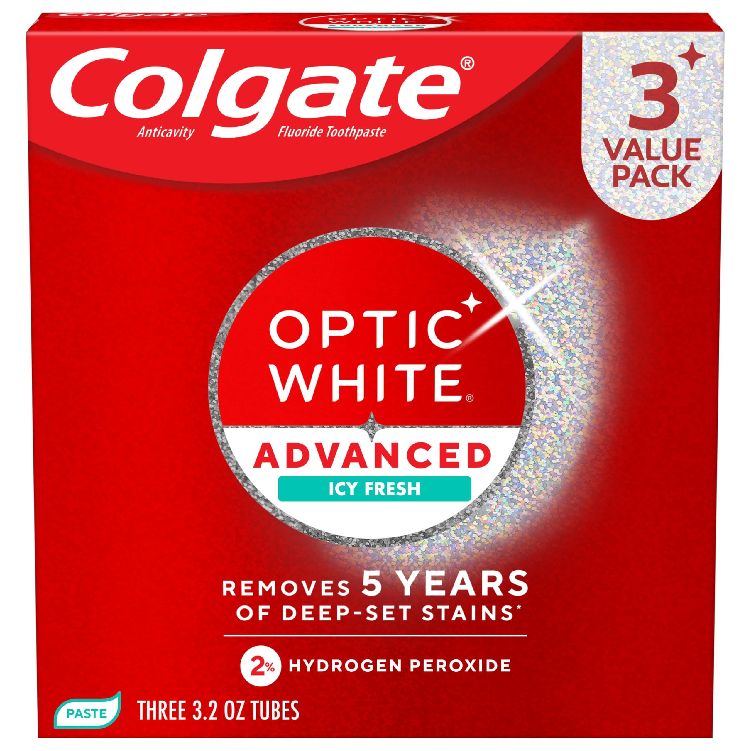 Optic White Advanced Teeth Whitening Toothpaste, 2% Hydrogen Peroxide Toothpaste, Icy Fresh, 3.2 Oz, 3 Pack