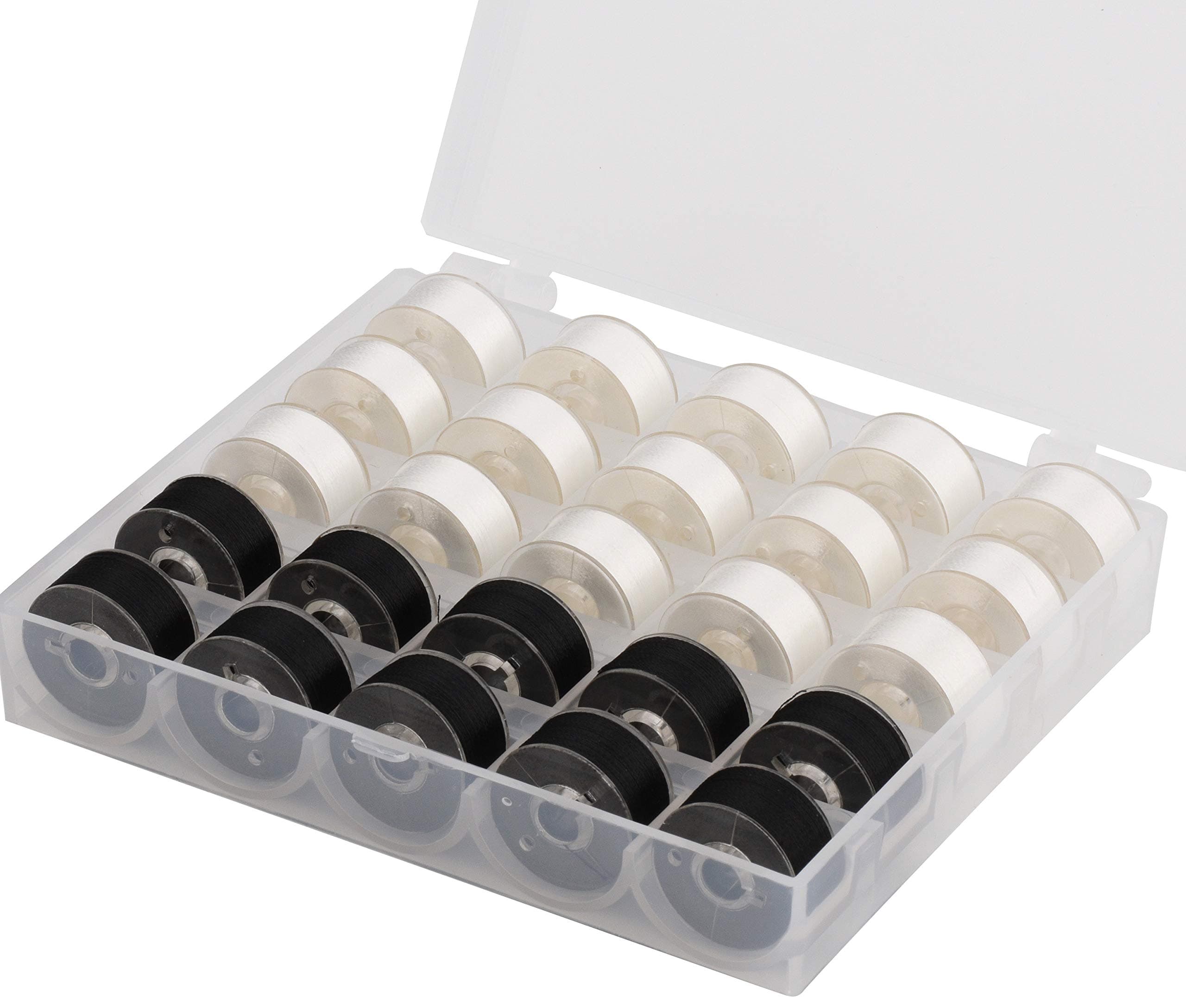 Simthread 25pcs 15White+10Black Prewound Bobbin Thread Size A Class 15 (SA156) 60WT with Clear Storage Plastic Case Box 70D/2 Compatible with Brother Embroidery Thread Sewing Thread Machine DIY