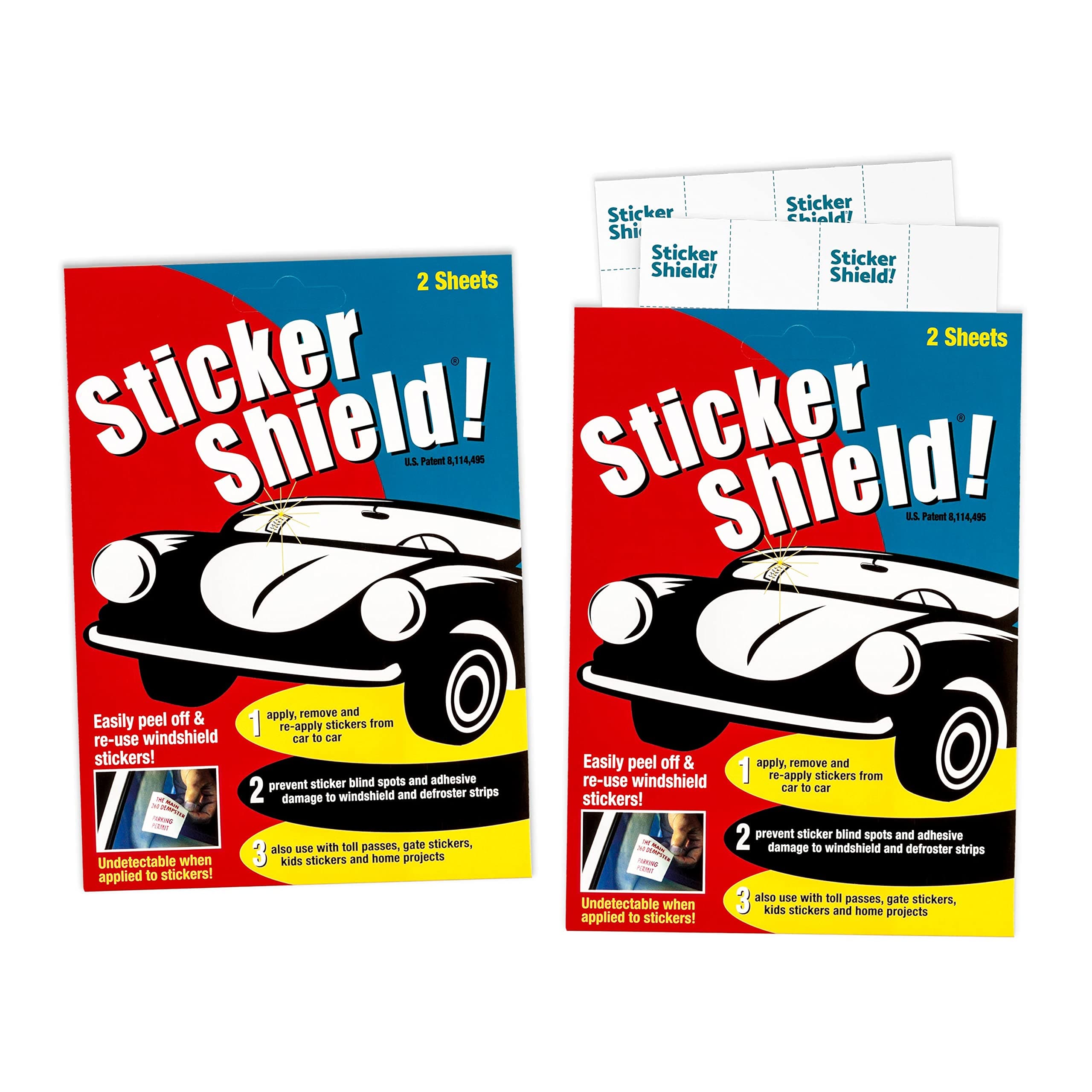 STICKER SHIELD - Windshield Sticker Applicator for Easy Application, Removal and Re-Application from Car to Car - 4 inch x 6 inch Sheets (2 Packs (4 Sheets Total))
