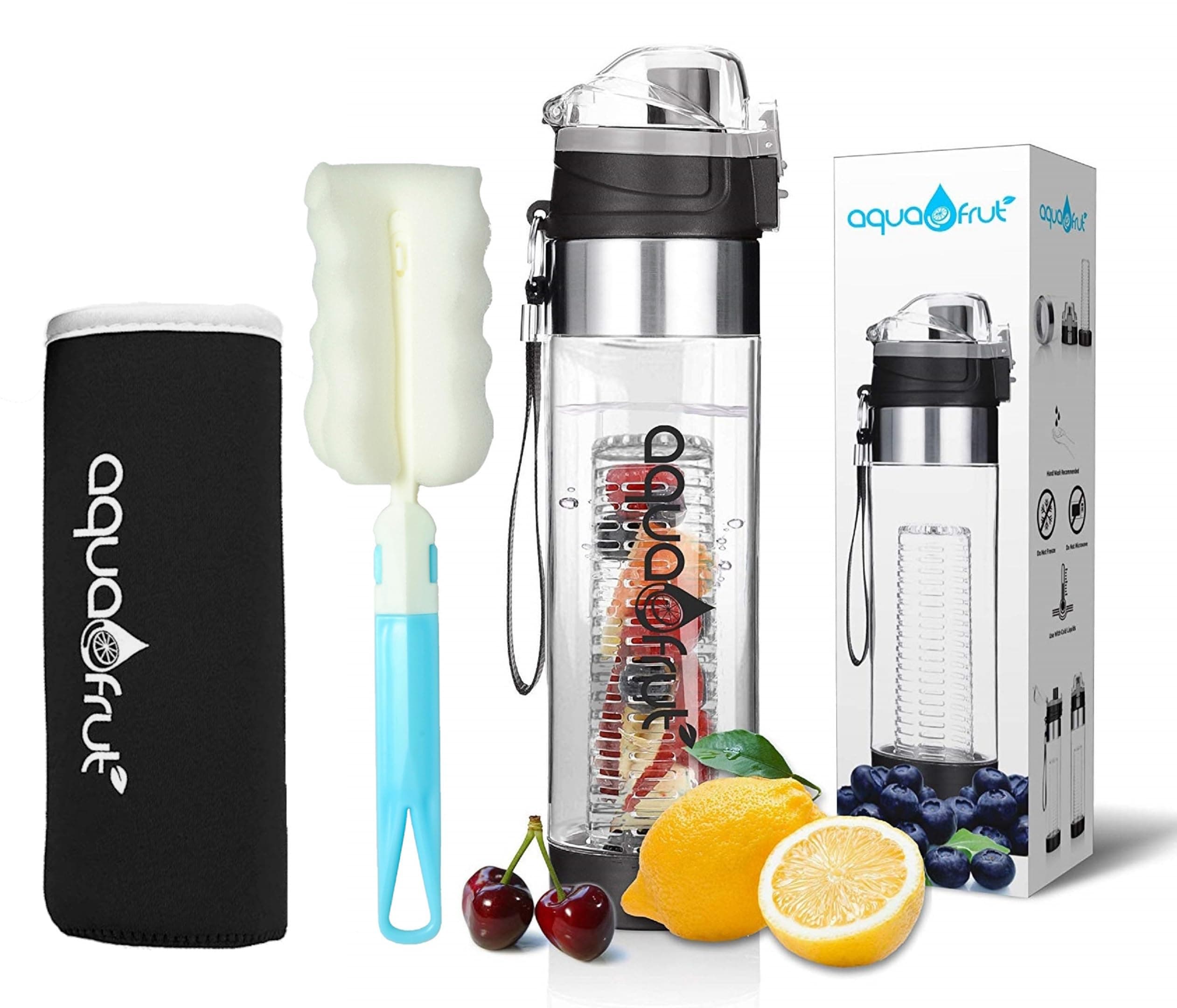 Aquafrut NEW Bottom Loading Fruit Infuser Water Bottle Complete Bundle Includes Bottle Brush, Insulating Sleeve & Infusion Recipe eBook. Leak Proof Sweat Proof BPA-Free (Black)