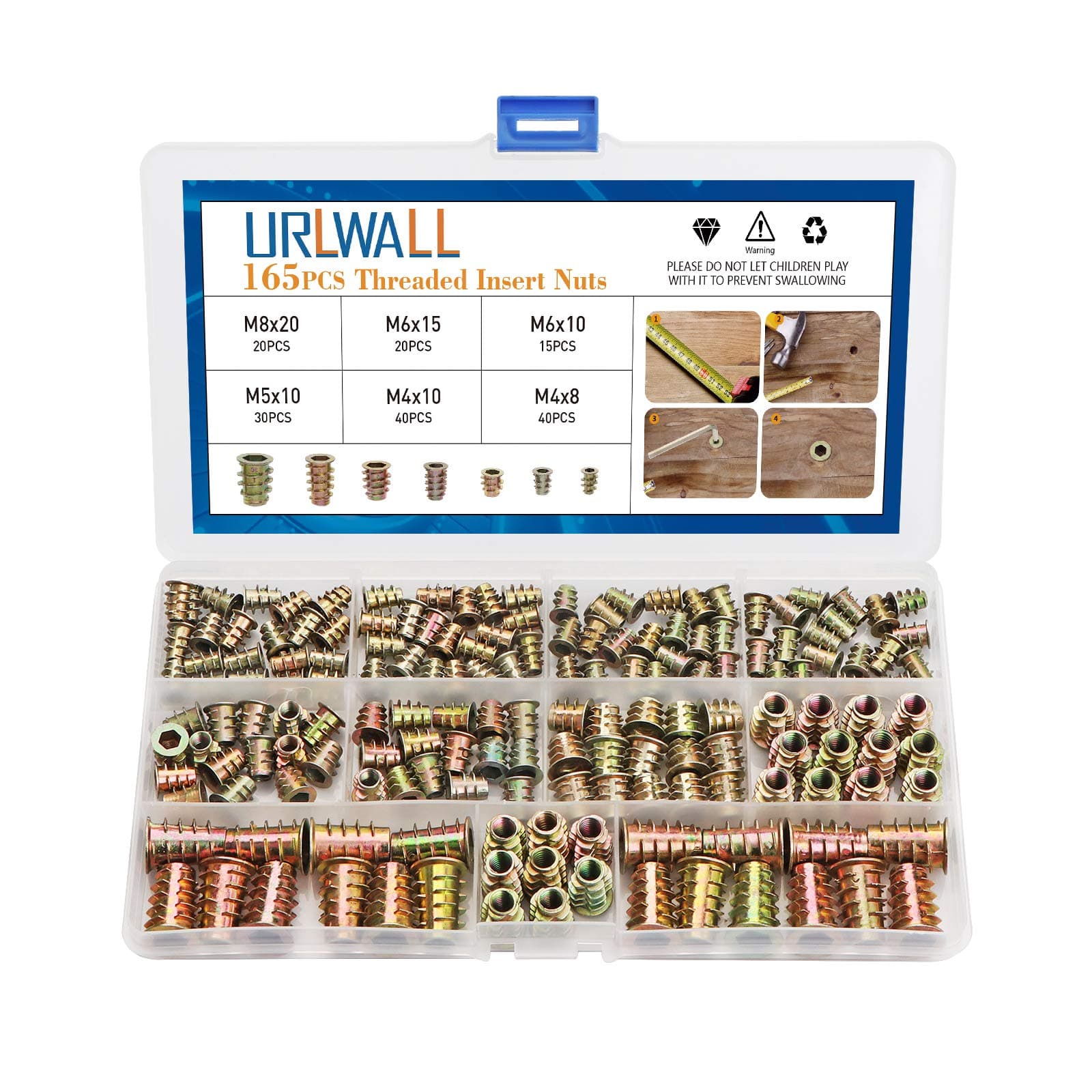 URLWALL 165PCS Threaded Inserts Nuts, Wood Insert Assortment Tool Kit, M4/M5/M6/M8 Furniture Screw in Nut Wood Inserts Metric Bolt Fastener Hex Socket Drive for Wood Furniture Assortment