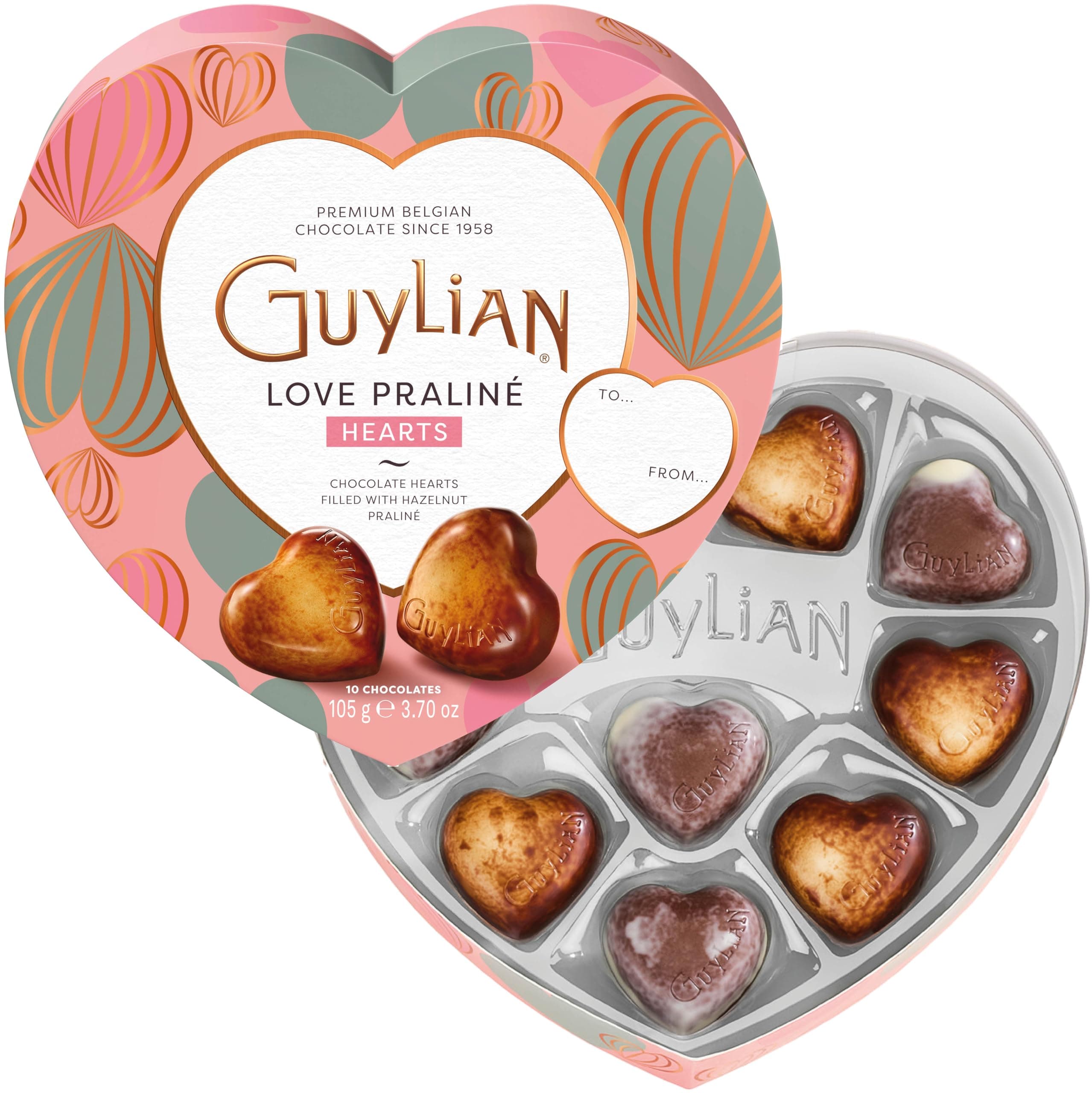 Belgian Chocolate Heart Gift Box, 3.7 oz, 10 pc Assorted Praliné Candies, White, Milk & Dark Chocolate