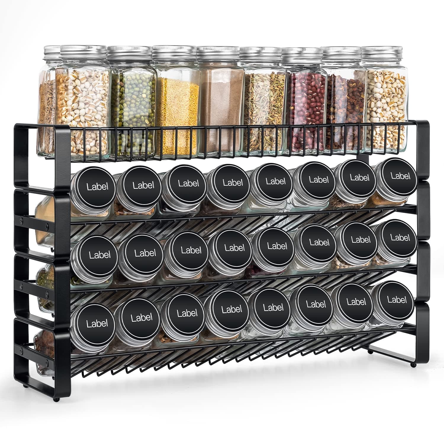 Spice Rack Organizer Independent Use, 4 Tier Stackable Detachable Display Counter Shelf, Black Frosted Iron Freestanding Storage Holder, Seasoning Organizer for Countertop Kitchen Cabinet