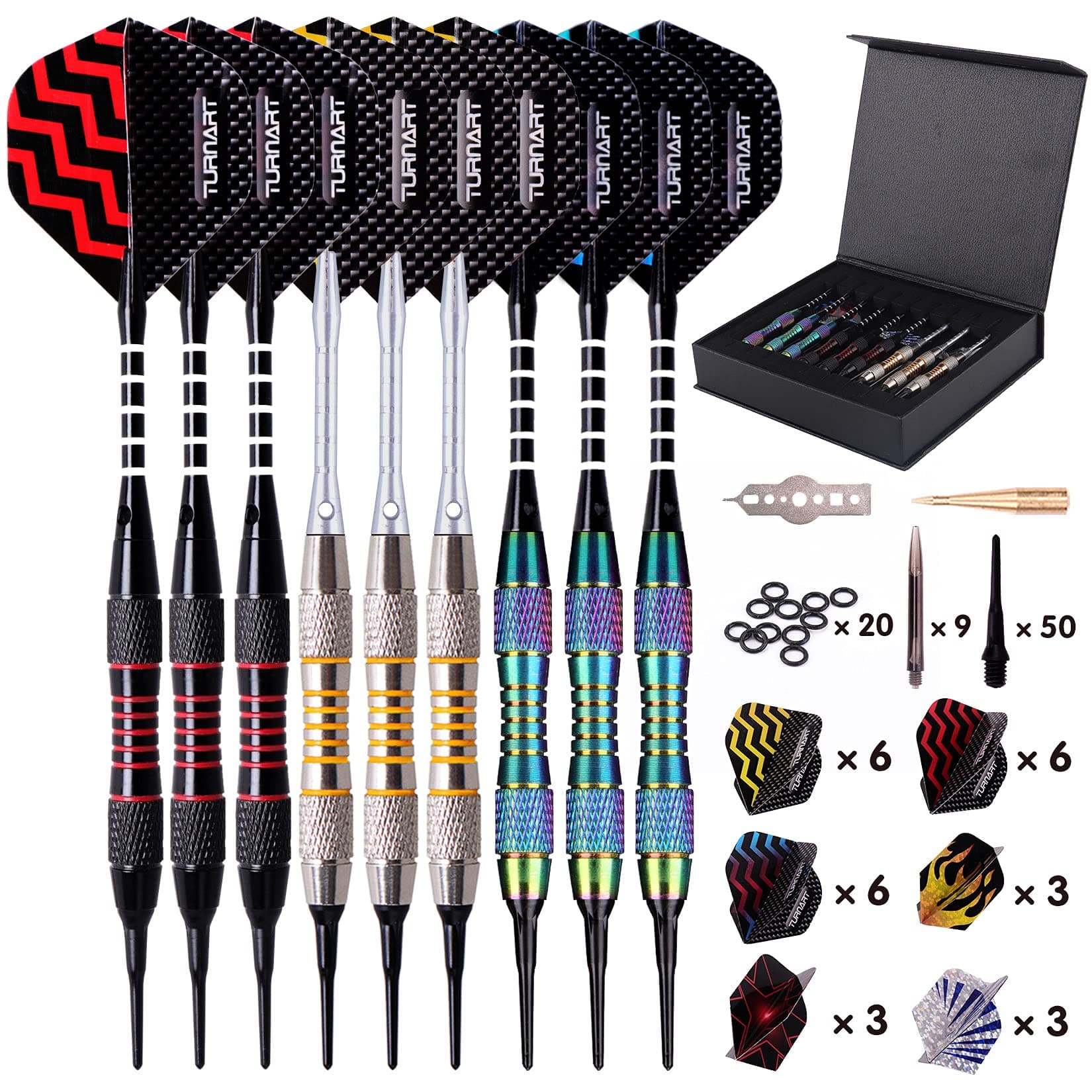 Darts Plastic Tip - Professional Soft Tip Darts Set for Electronic Dartboard 9 Pcs 18 Grams with 50 Extra Tips 9 Shafts 27 Flights Tool Kit Flight Protectors and Gift Darts Case (Color)