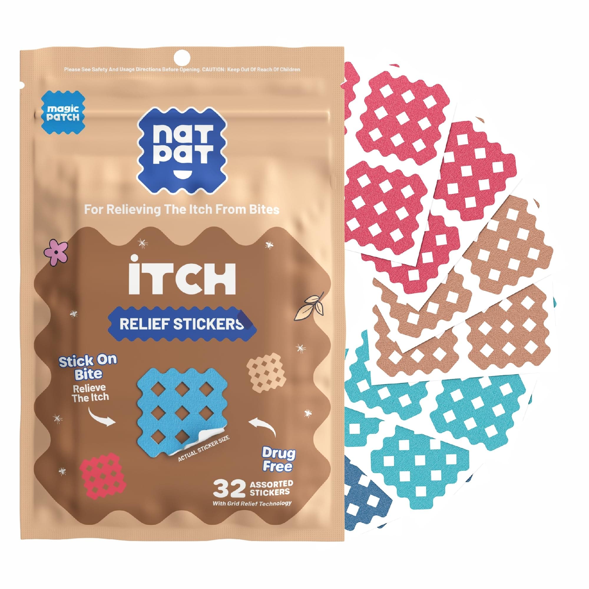 NATPAT Magic Patch Itch Relief Stickers - Insect Bite Patch for Mosquitos, Ticks, Midges, Sandflies, and Bed Bug Bites - Buzzpatch - 32 Count