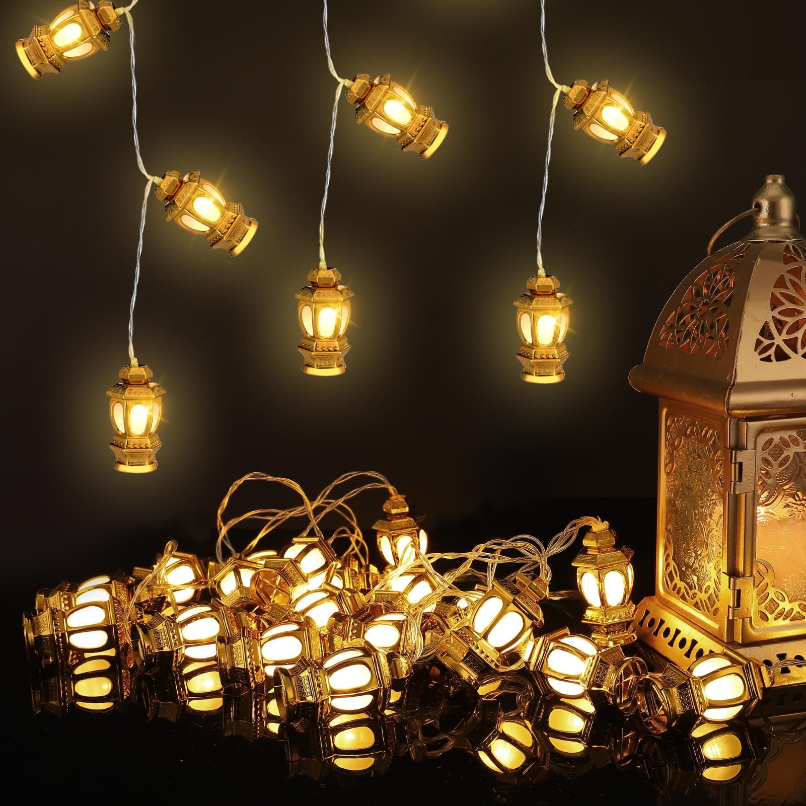 ANPHSIN Ramadan Eid String Light - 9.8ft 20LEDs Mubarak Decorations Golden Lantern with 2 Light Modes Battery Operated for Indoor Muslim Islamic Home Garden Patio Party, Warm Lighting
