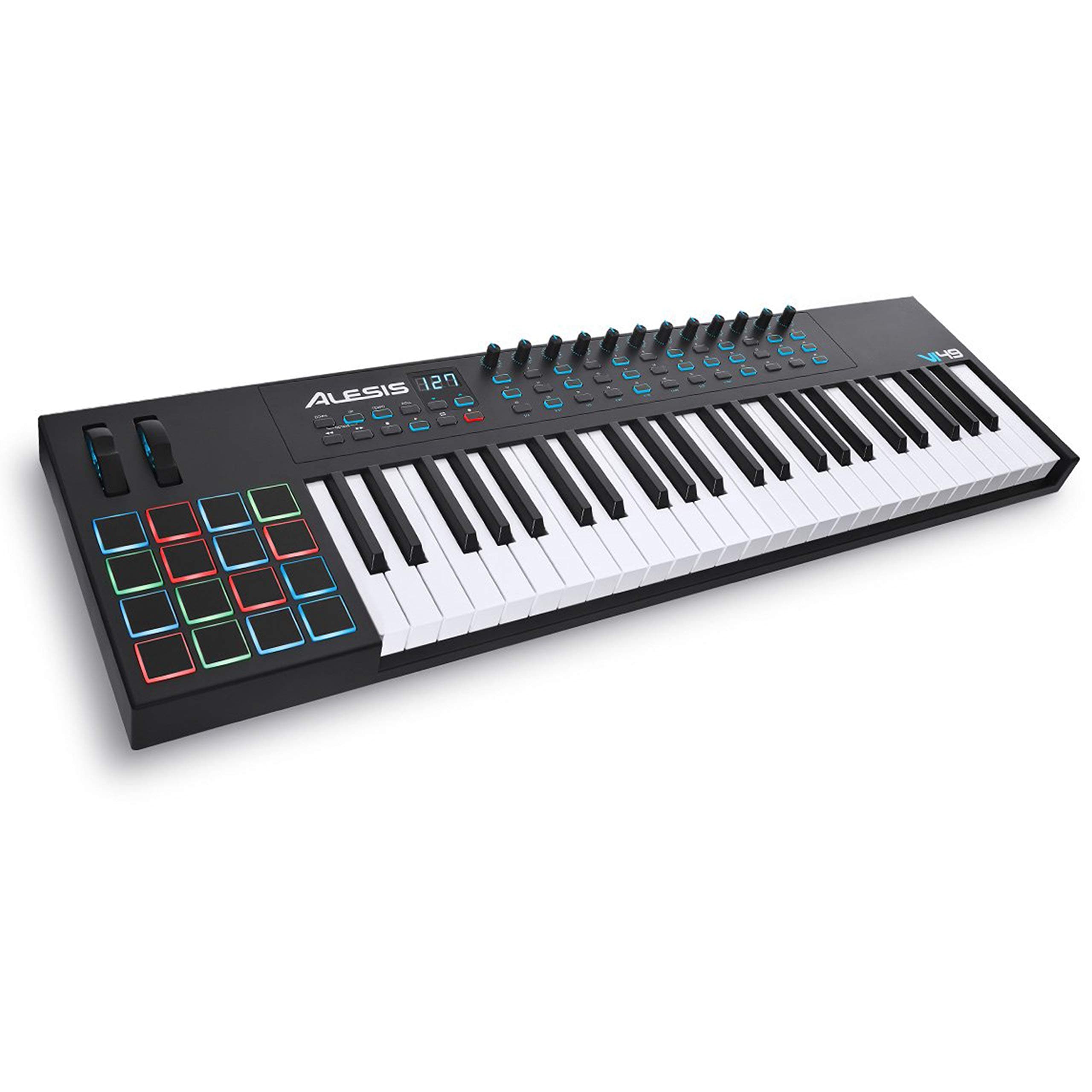 VI49 - 49 Key USB MIDI Keyboard Controller with, 16 Drum Pads, 12 Assignable Knobs, 36 Buttons and 5-Pin MIDI Out, Production Software Included Black