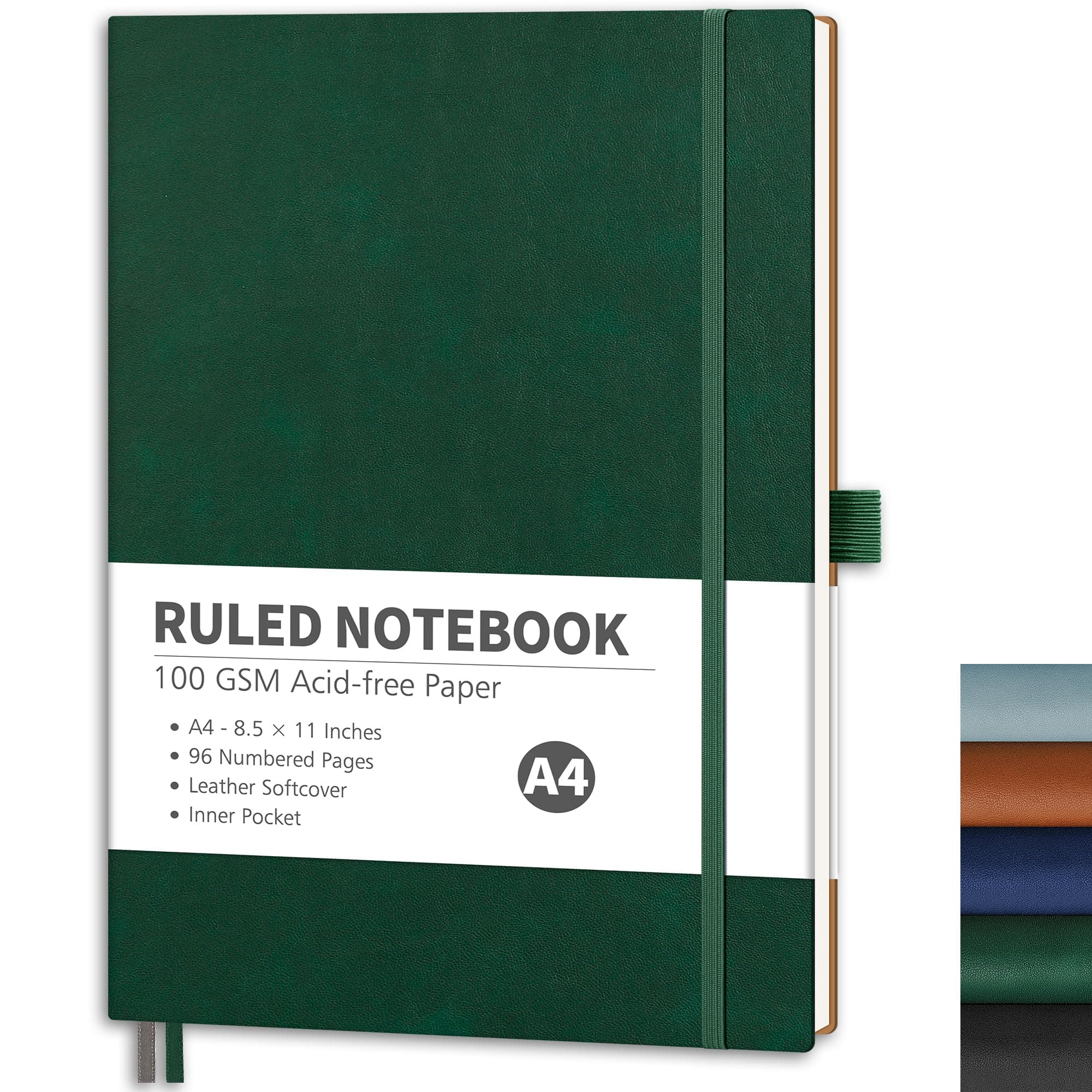 RETTACY Lined Journal Notebook, 96 Numbered Pages, A4 Large Size (8.5'' x 11''), for Men & Women, Journaling, Writing, Work & Office, Leather Softcover, 100 GSM Thick Paper (Dark Green)